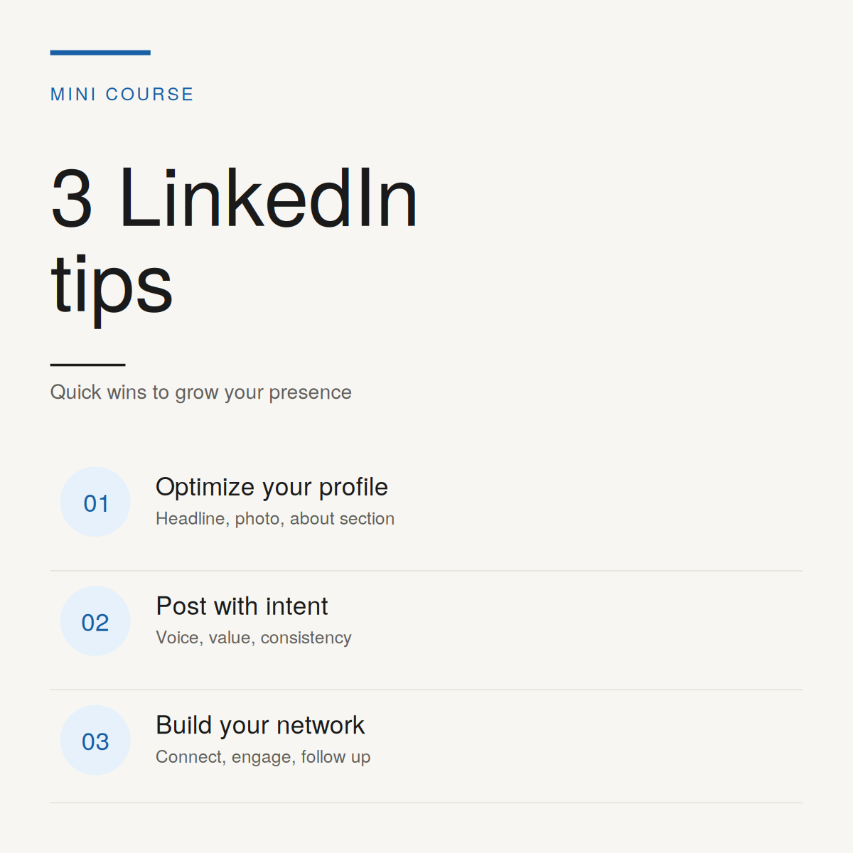 Slide presenting tips for LinkedIn mini course, including optimize profile, post with intent, and build network. This is a free course by designer gayle bower.