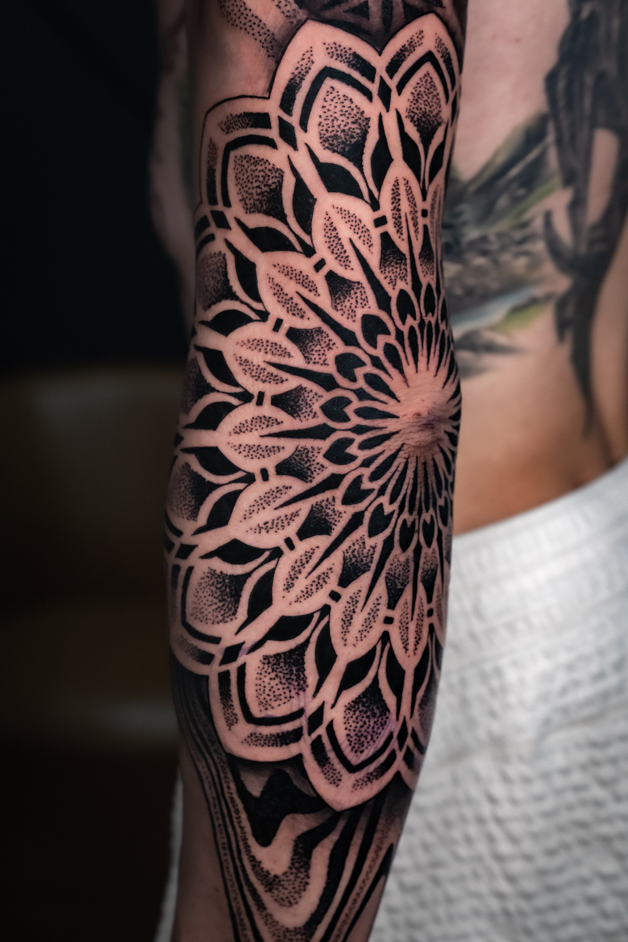 A close-up of a person's arm with a black intricate geometric and floral tattoo design.