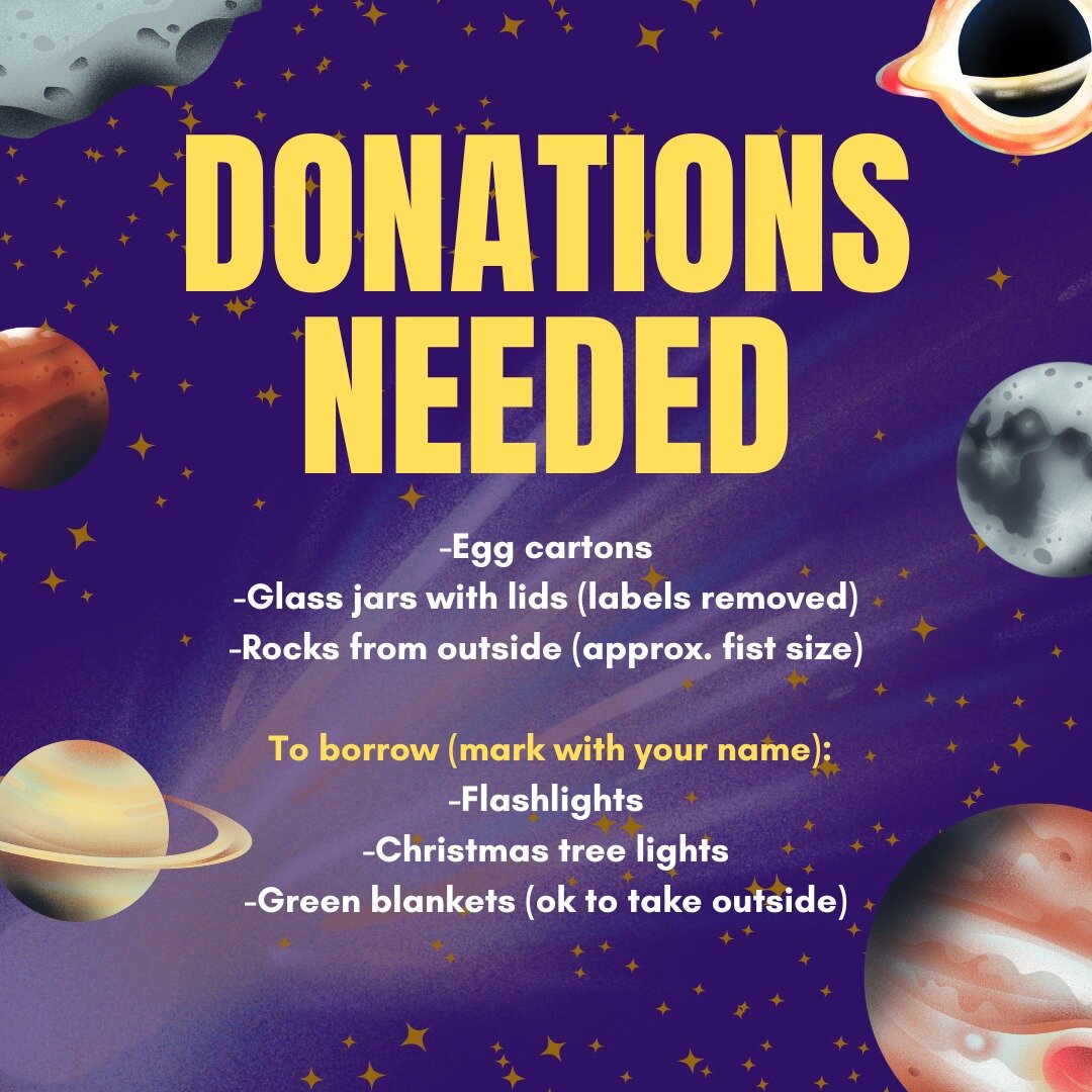 We are in need of donations for our Vacation Bible School, starting on Sunday, August 13th. Please feel free to drop these items off at church. Any questions? Contact Amy Davis. Thank you! 💒