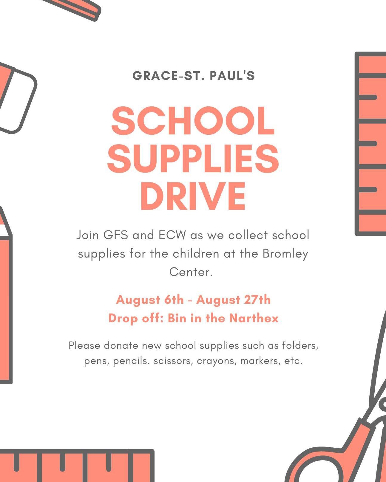 We are beginning our school supply collection starting TOMORROW, AUGUST 6th. Please bring all donations of new school supplies to the bin in the narthex. The children and families at the Bromley Center will be so grateful for your support!💒