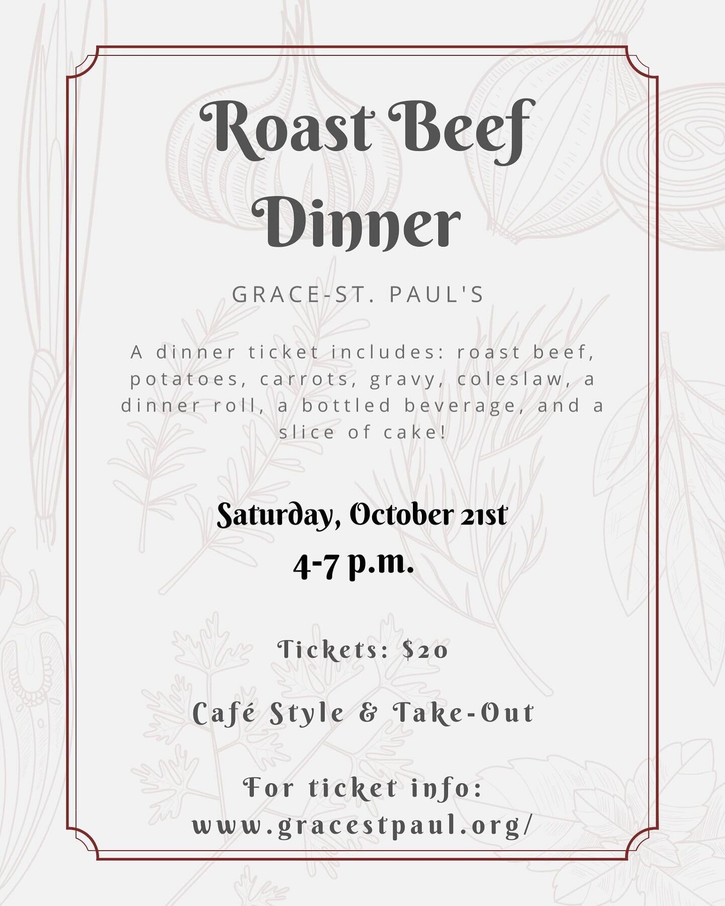 Please join us on Saturday, October 21st from 4-7 pm for a DELICIOUS meal! Tickets are available online, through mail, or at the door. See you there, come hungry! 🍽️