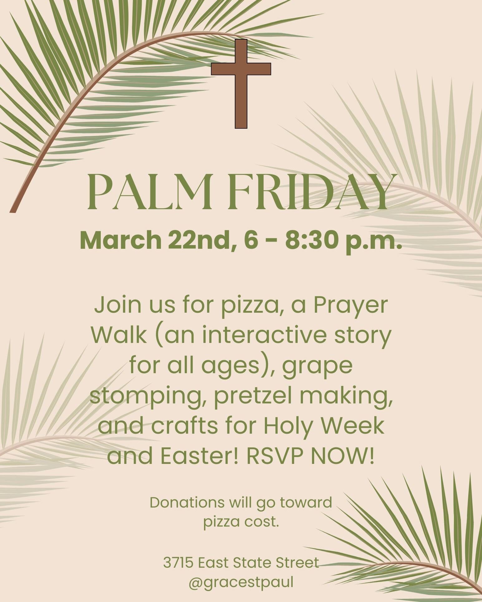 Join us on March 22nd for our annual Palm Friday event! We will be having pizza at 6 pm, followed by the Prayer Walk at 6:30. We hope to see you then, the RSVP link is in our linktree in bio.
