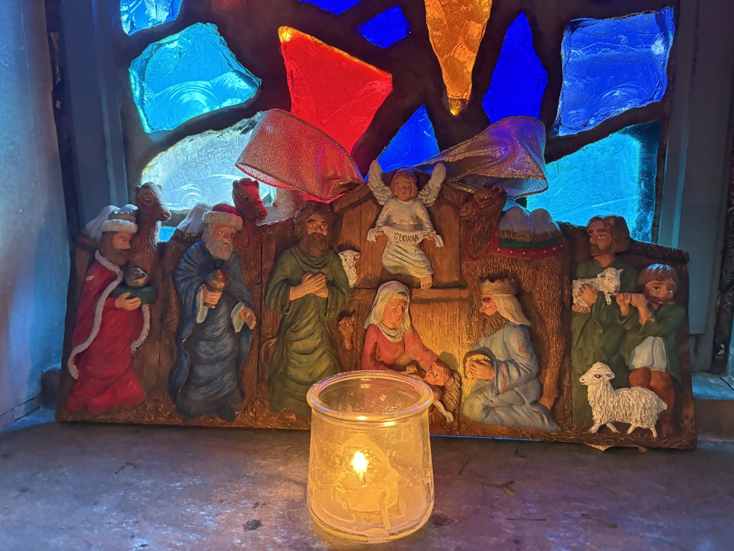 Christmas morning: Window Nativity scene