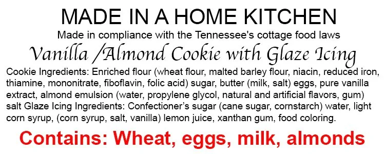 A label for homemade vanilla almond cookies with glaze icing, listing ingredients and allergy information, including wheat, eggs, milk, and almonds.