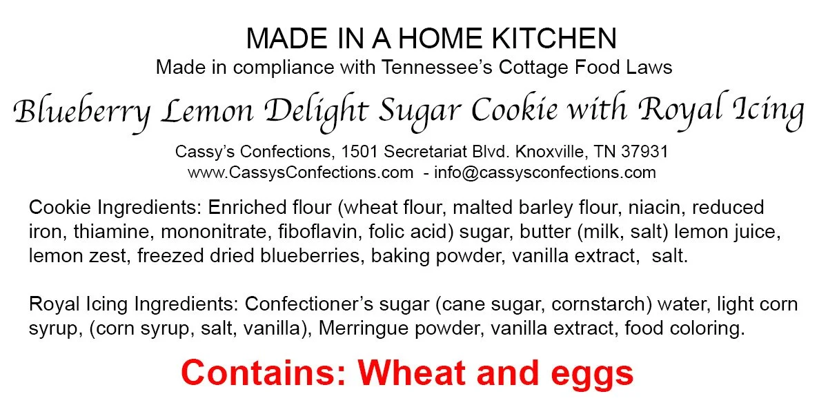 Label for homemade blueberry lemon delight sugar cookie with royal icing, listing ingredients and allergen information, including wheat and eggs.