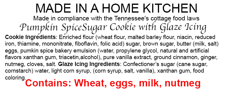 A recipe label for Pumpkin Spice Sugar Cookie with Glaze Icing, made in a home kitchen, listing ingredients and warning about wheat, eggs, milk, and nutmeg.