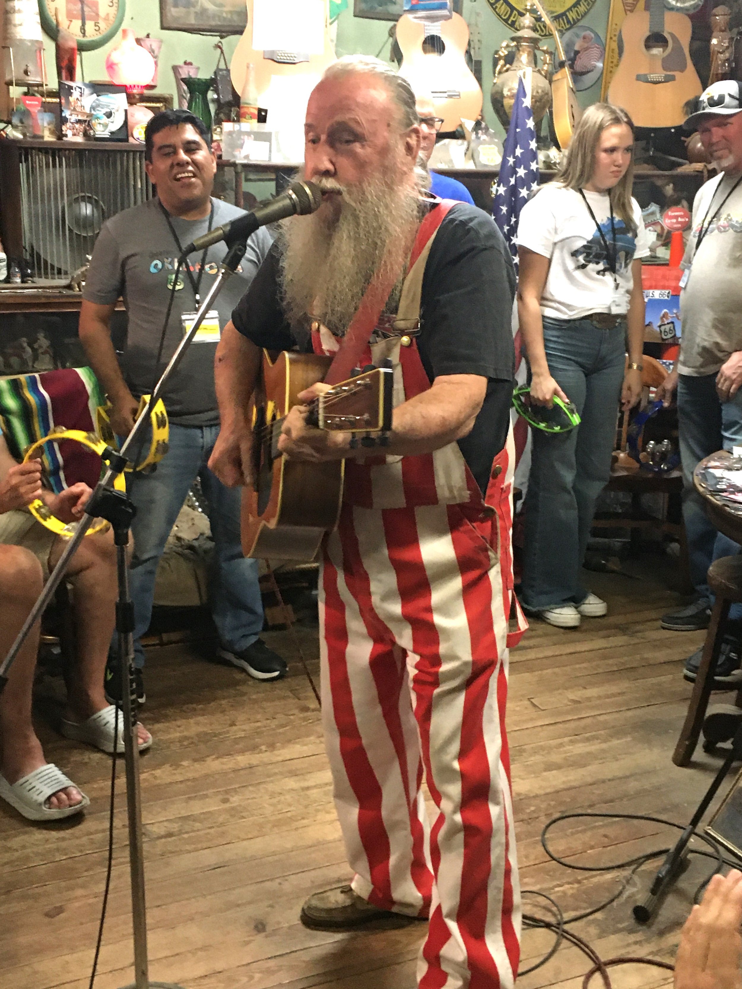  Harley Russell, Erick, OK, played guitar, sang, and entertained over 50 people on the Old Route 66 Association of Texas Motor Tour as they head to Texola, OK, on Oct 6, 2023 