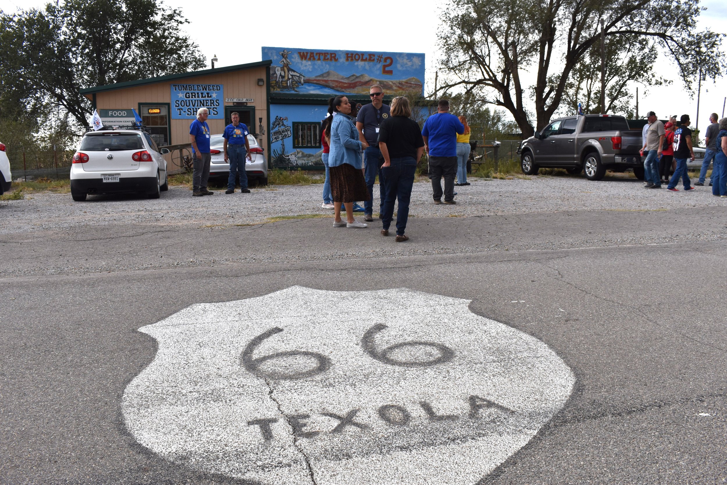  Members of the Old Route 66 Association of Texas visit with Masel Zimmerman in Texola, OK, on Oct 6, 2023.  Texola is a near-ghost town next to the Texas border. 