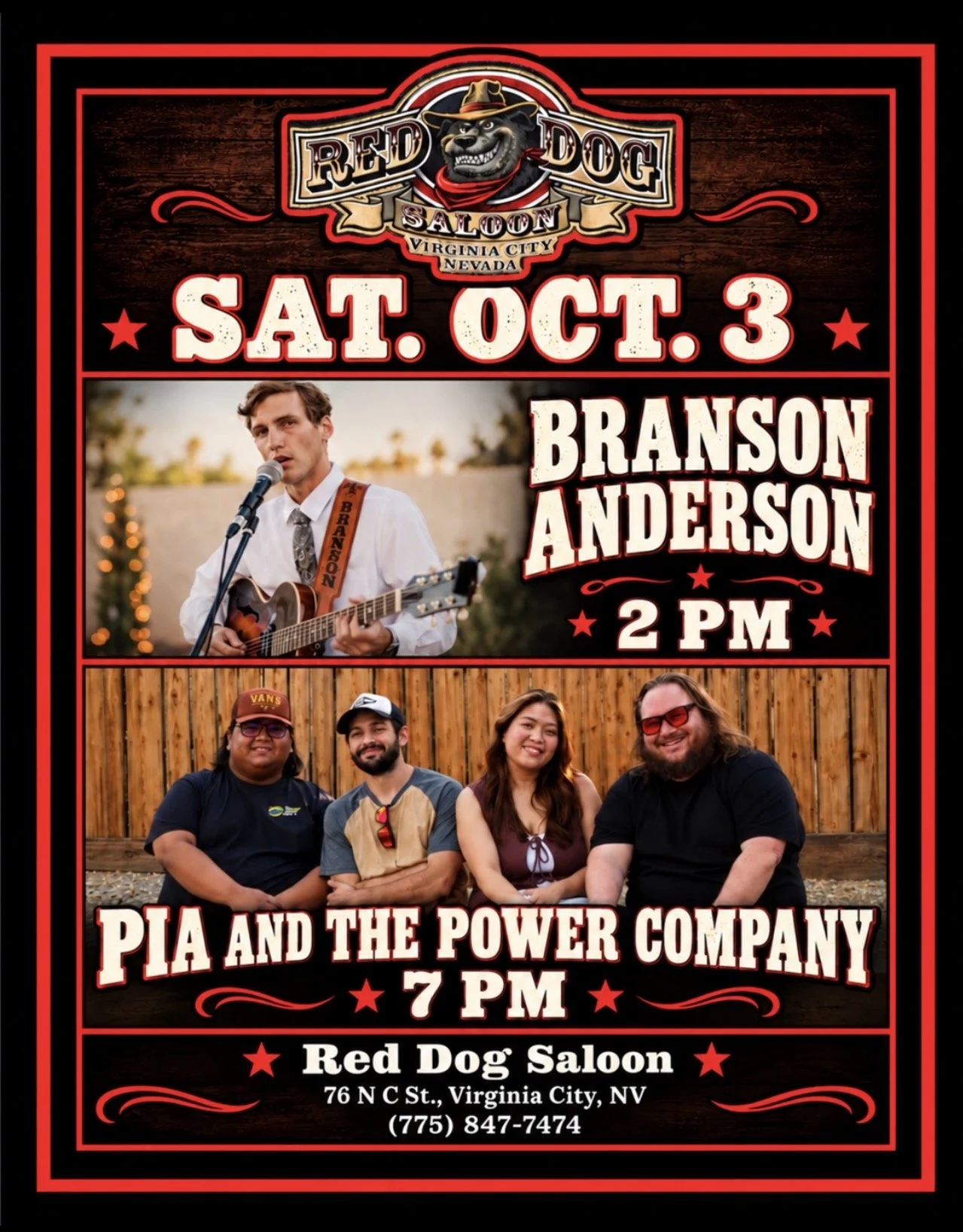 Branson Anderson - 2 PM, Pia and the Power Company at 7 PM.