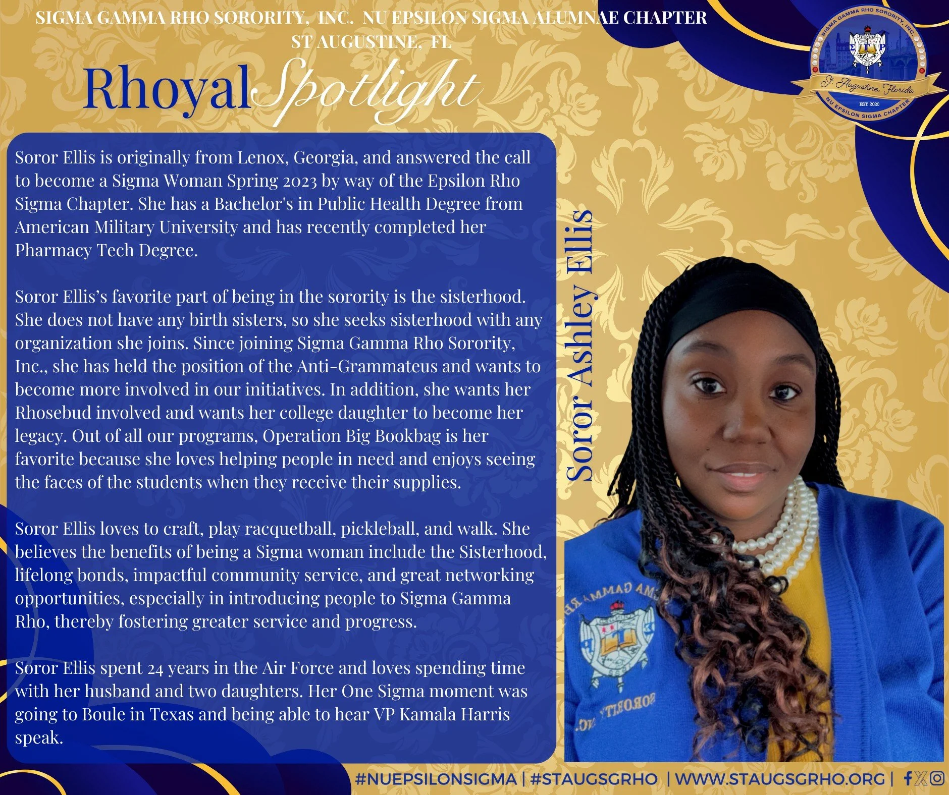 Nu Epsilon Sigma is honored to recognize Soror Ashley Ellis, who radiates the true essence of Sigma Gamma Rho—where resilience meets compassion and sisterhood leads the way as the September Rhoyal Spotlight. We salute her unwavering dedication