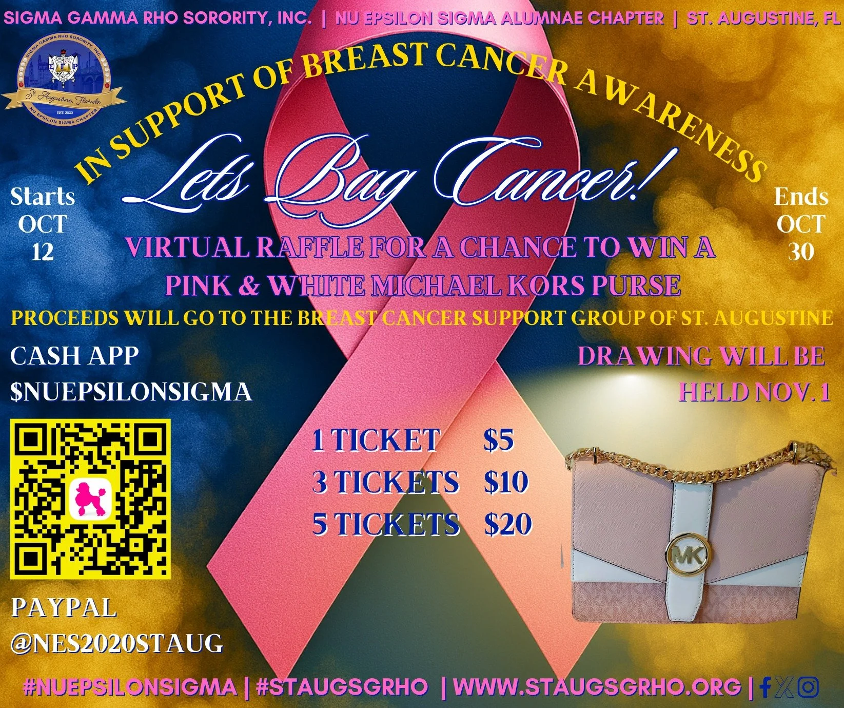 Let's Bag Cancer! Join Nu Epsilon Sigma Alumnae Chapter in supporting Breast Cancer Awareness with our virtual raffle!
ποΈ Raffle starts Oct 12 and ends Oct 30. Drawing is on Nov 1! You could win a fabulous Pink & White Michael Kors Purse!
Get