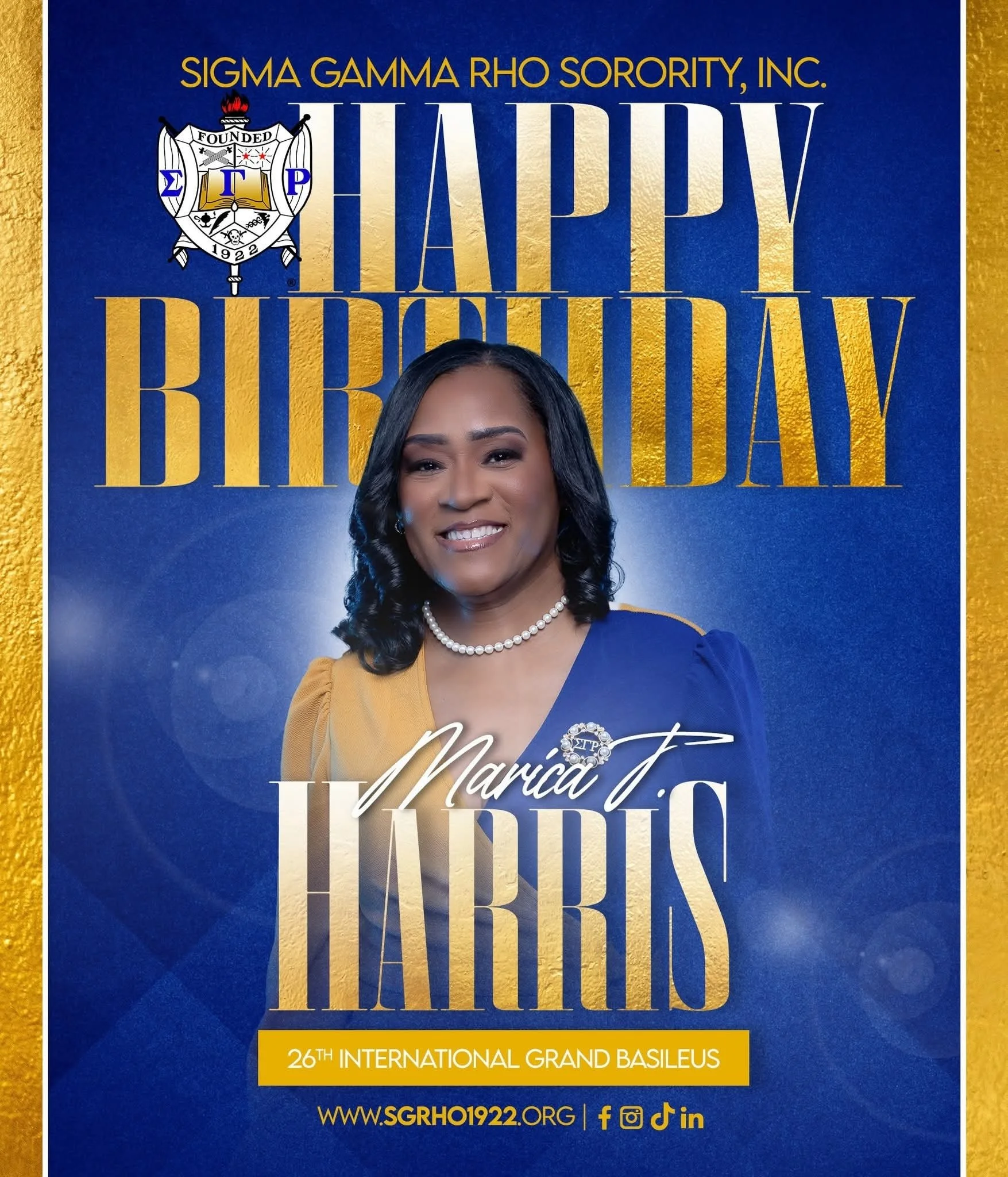 The Greater Women of Sigma Gamma Rho Sorority, Incorporated would like to wish our 26th International Grand Basileus Marica T. Harris a HAPPY BIRTHDAY! #nuepsilonsigma #staugsgrho #historiccoastpoodles