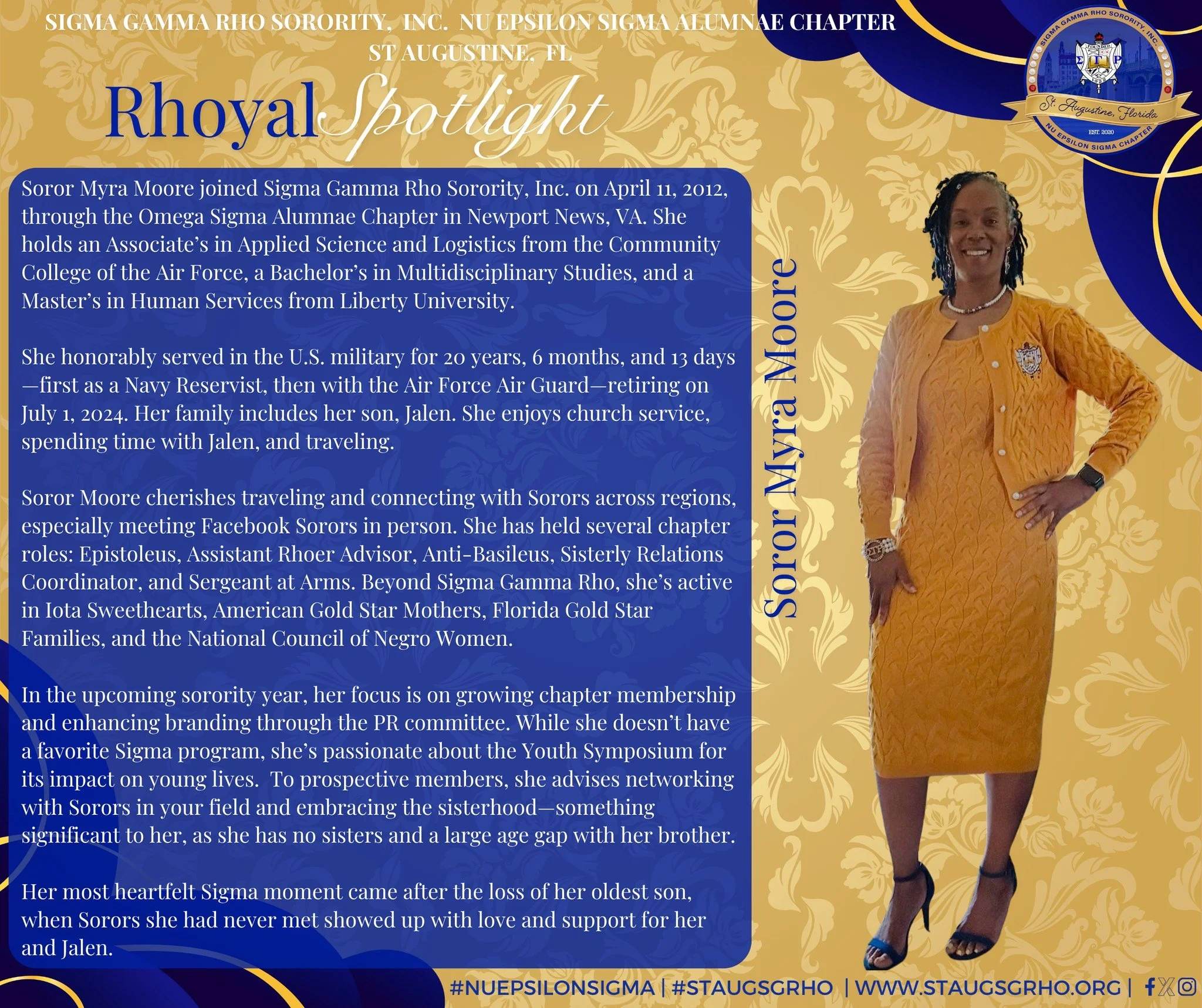 This month, we honor Soror Myra Moore as our October Rhoyal Spotlight!ππ Veteran. Leader. Connector. Soror Moore brings heart and hustle to everything she does—from serving 20+ years in the military to growing our chapter through PR and siste