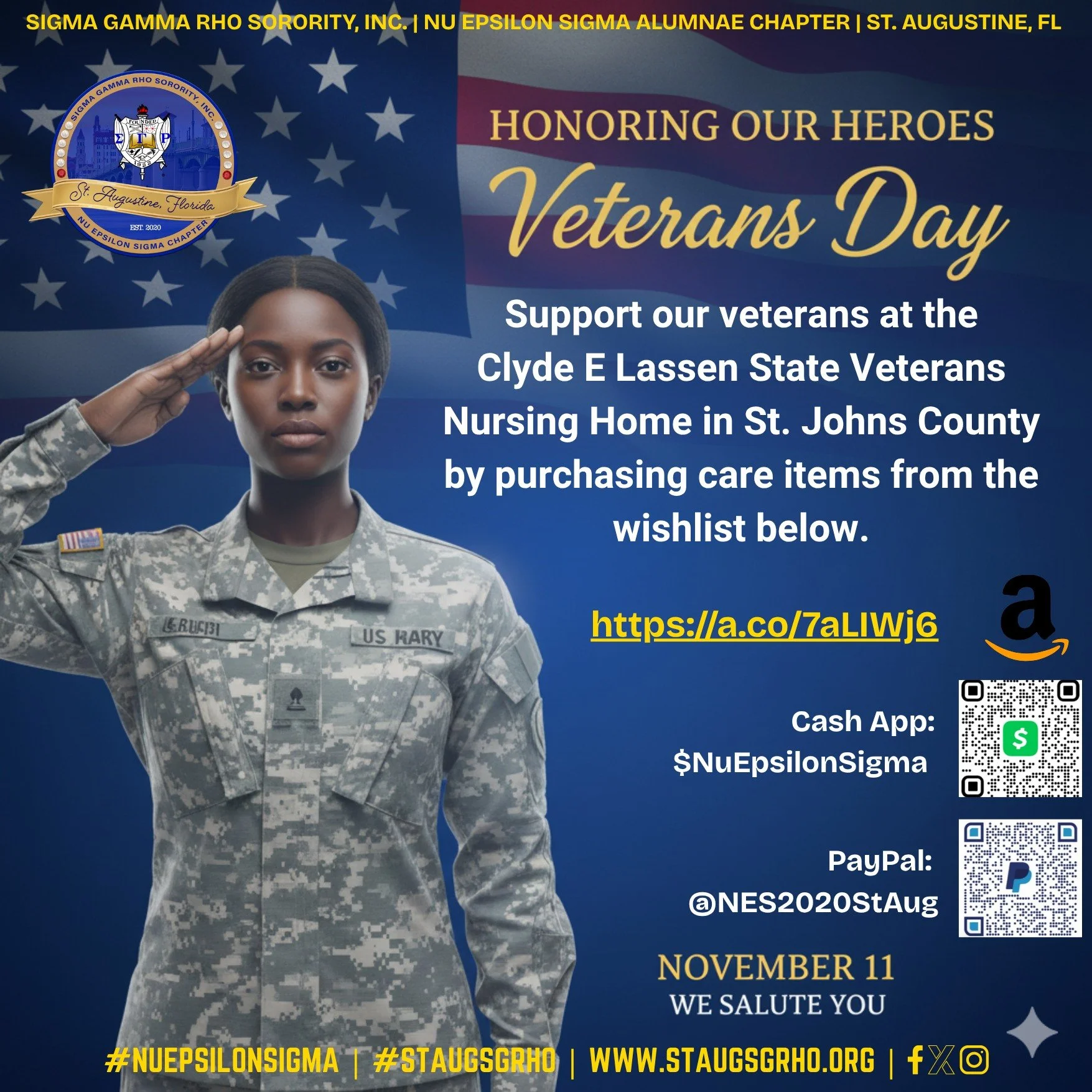 This November 11th, we pause to say "Thank You" to the courageous men and women who have served our nation. π The Nu Epsilon-Sigma Alumnae Chapter is dedicated to supporting our veterans and is hosting a drive for the Clyde E Lassen State