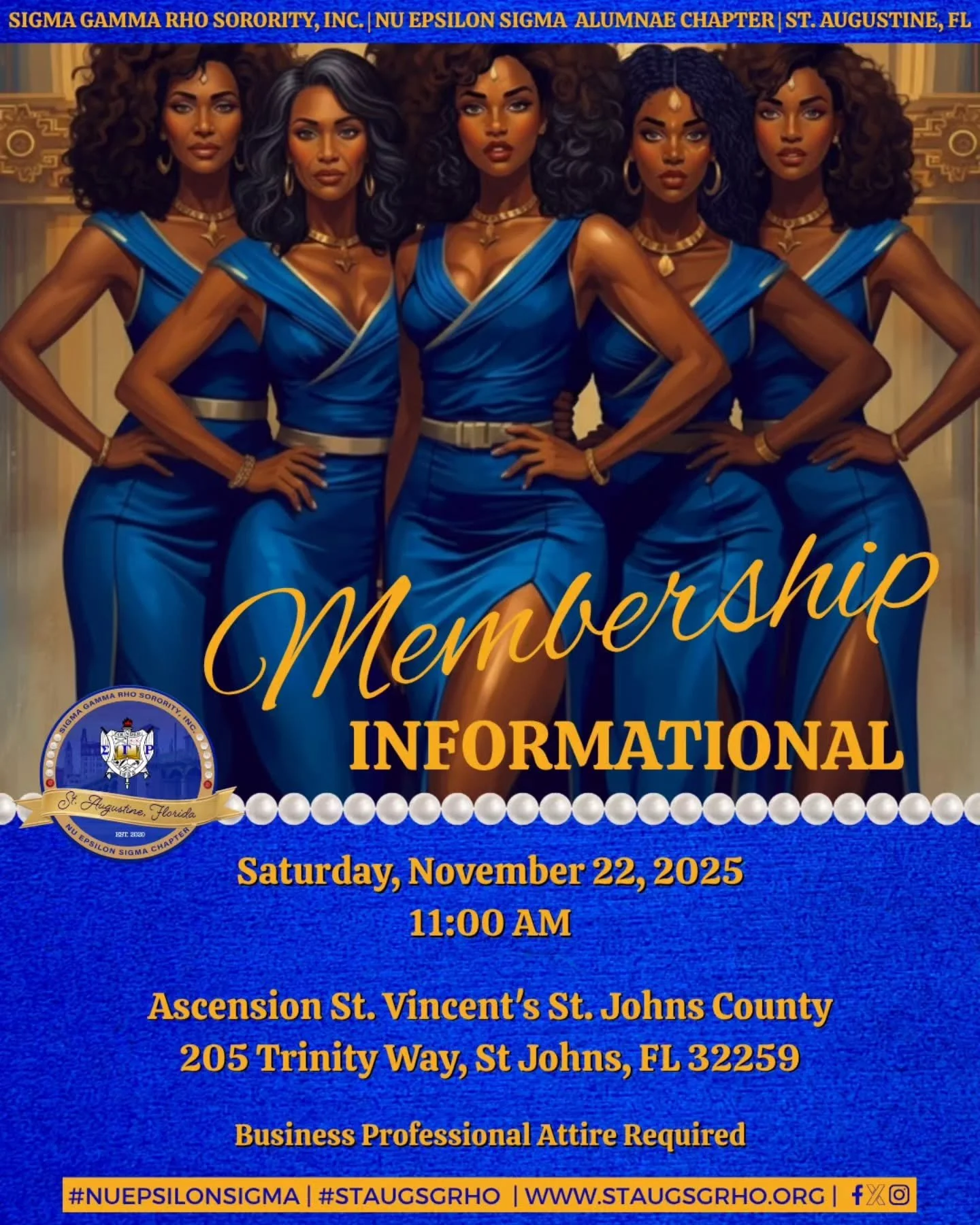 💛💙 Are you ready to join a legacy of sisterhood, service, and scholarship? 💙💛 

Join the ladies of Nu Epsilon Sigma Alumnae Chapter of Sigma Gamma Rho Sorority, Inc. for our Membership Informational! Learn more about who we are, what we stand for