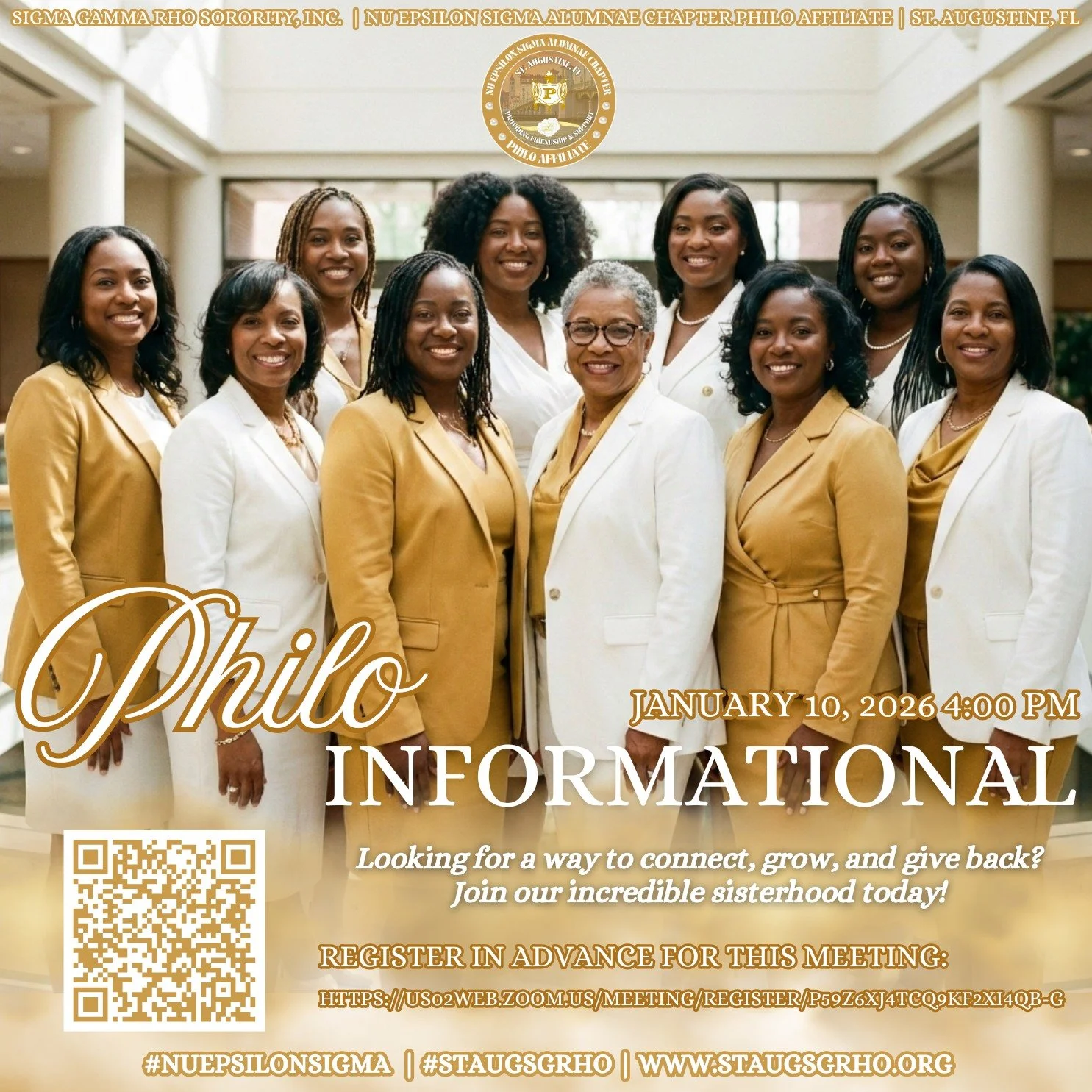 Ready to connect, grow, and give back? ✨
Join the Nu Epsilon Sigma Alumnae Chapter Philo Affiliate of Sigma Gamma Rho Sorority, Inc. for our Informational Meeting on January 10, 2026, at 4:00 PM to discover how you can be part of a dynamic friendship