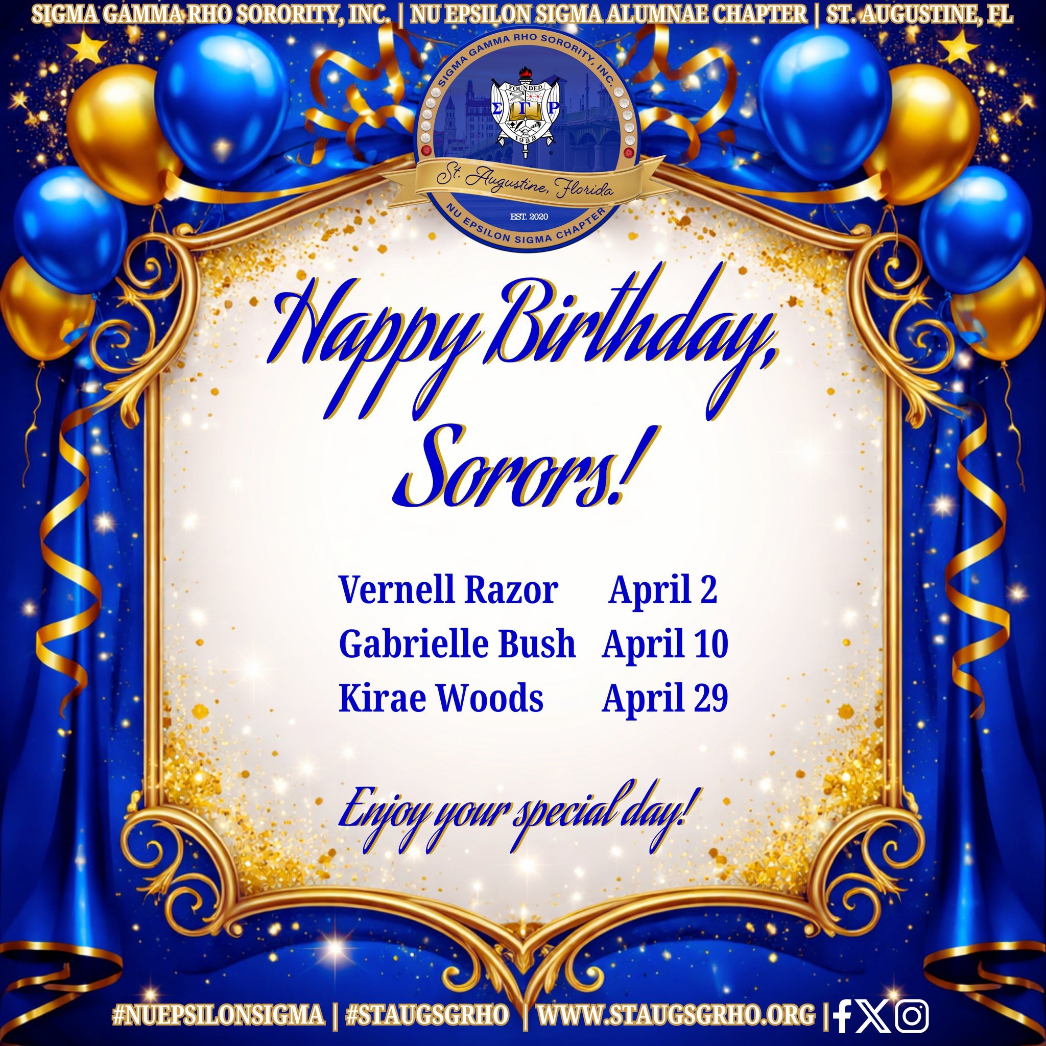 Happy Birthday, April Sorors! 🎂💛💙 We&rsquo;re turning up the love for our Sorors celebrating this month. May your day be full of smiles, surprises, and sisterhood magic. #NuEpsilonSigma #StAugSGRho #HistoricCoastPoodles