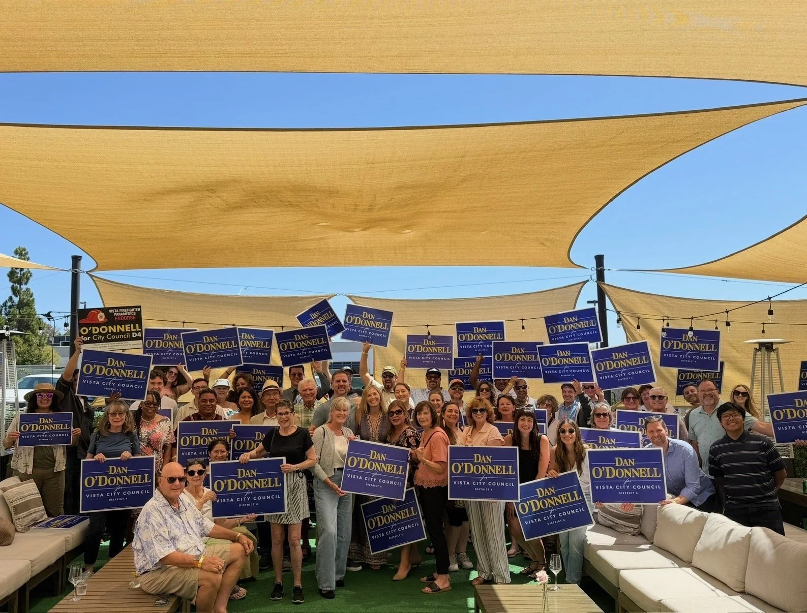 Deputy Mayor and Vista City Councilmember Dan O'Donnell celebrating with supporters at his successful campaign kick-off at Burtech Family Vineyard in the Vista, California Business Park