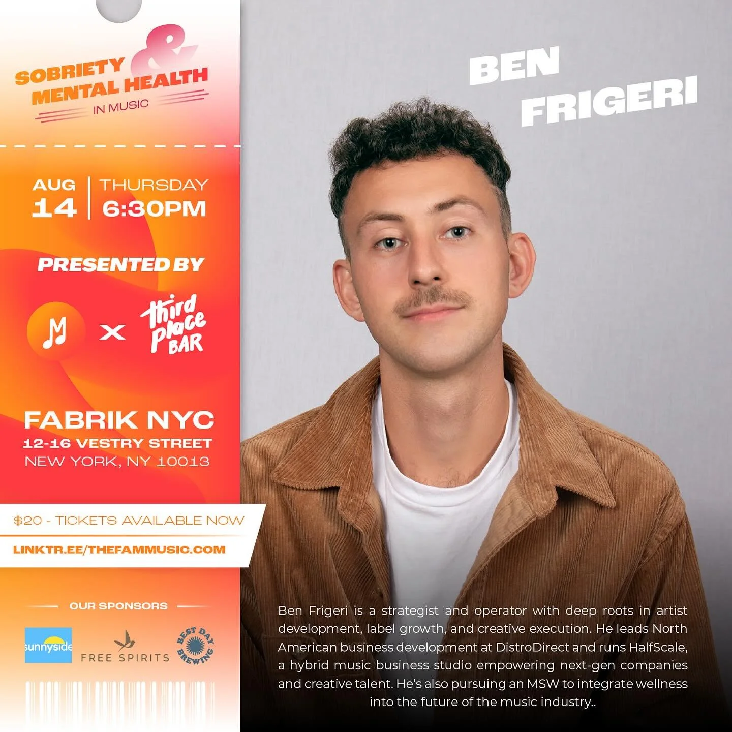 We are counting down the days until we get to have Ben Frigeri @maybeben_ on our lineup for our Sobriety &amp; Mental Health in Music Panel THIS THURSDAY at 6:30PM - Join us for this discussion on the intersection of mental health and sobriety in the
