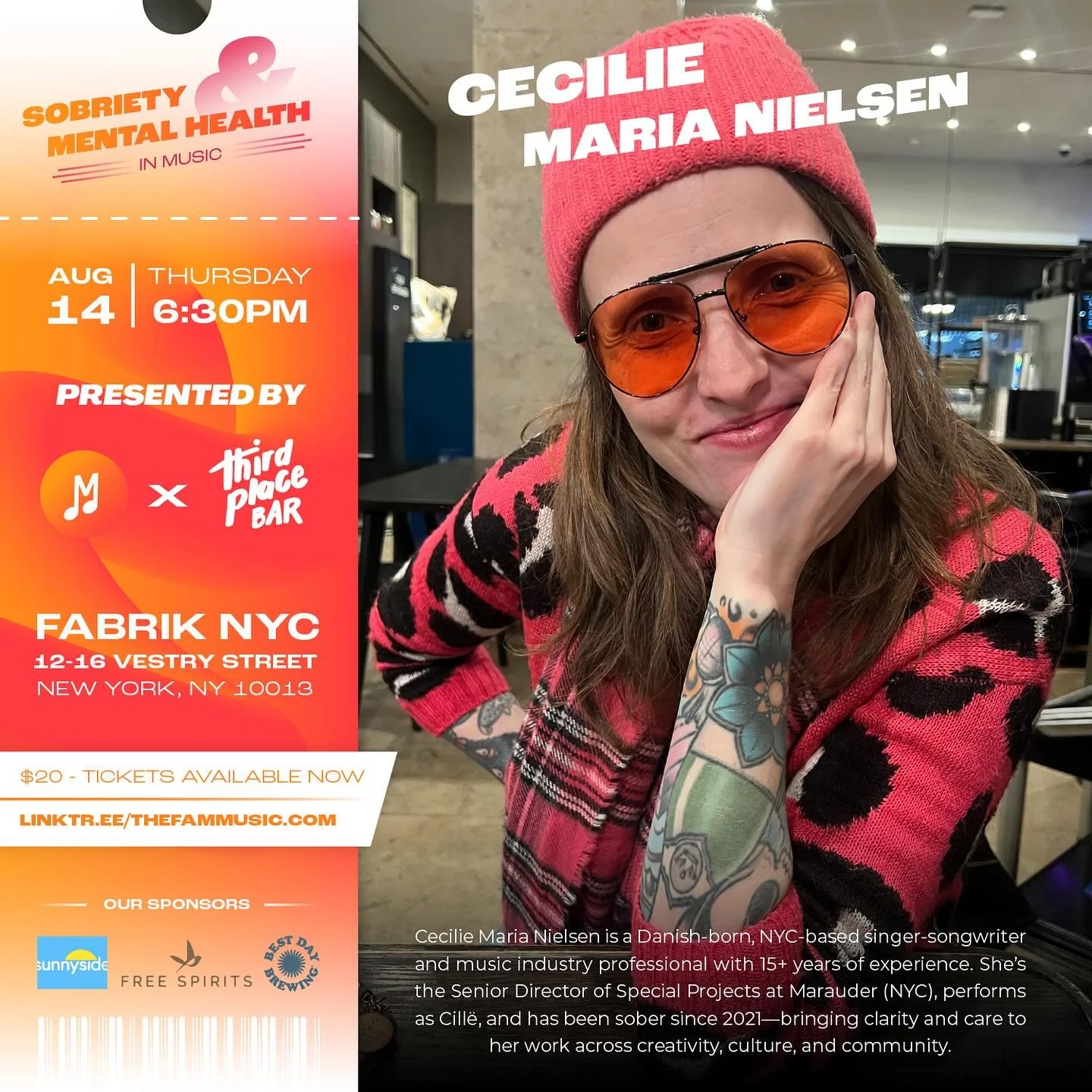 We are so excited to have Cecilie Maria Nielsen @cille_songwriter on our lineup for our Sobriety &amp; Mental Health in Music Panel THIS THURSDAY at 6:30PM - Join us for this discussion on the intersection of mental health and sobriety in the music i
