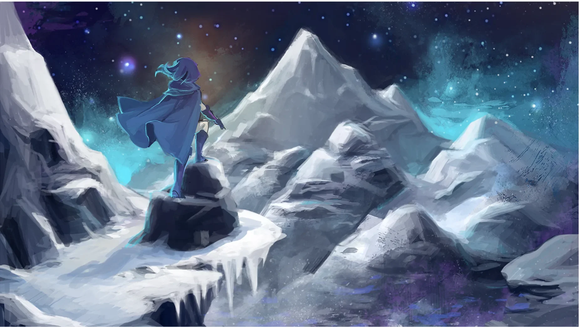 Galxyz concept art: a cloaked explorer stands on an icy mountain beneath a starry sky