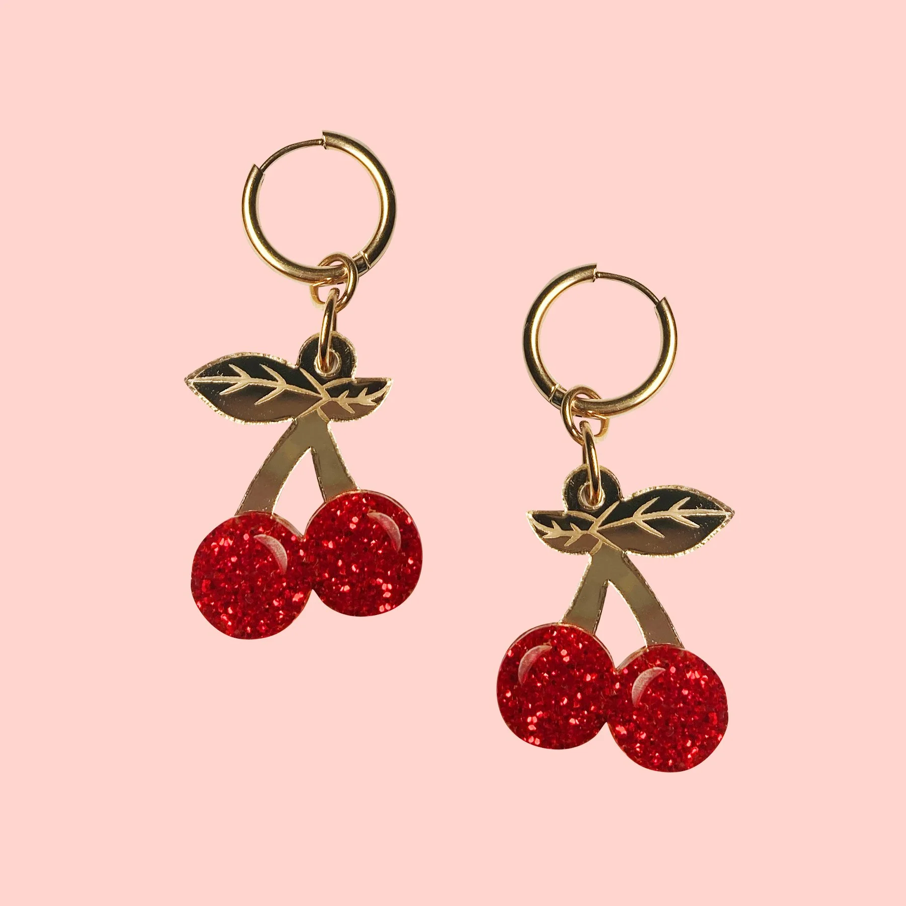 Cherry Bomb Huggie Hoops (Red Glitter/Gold)