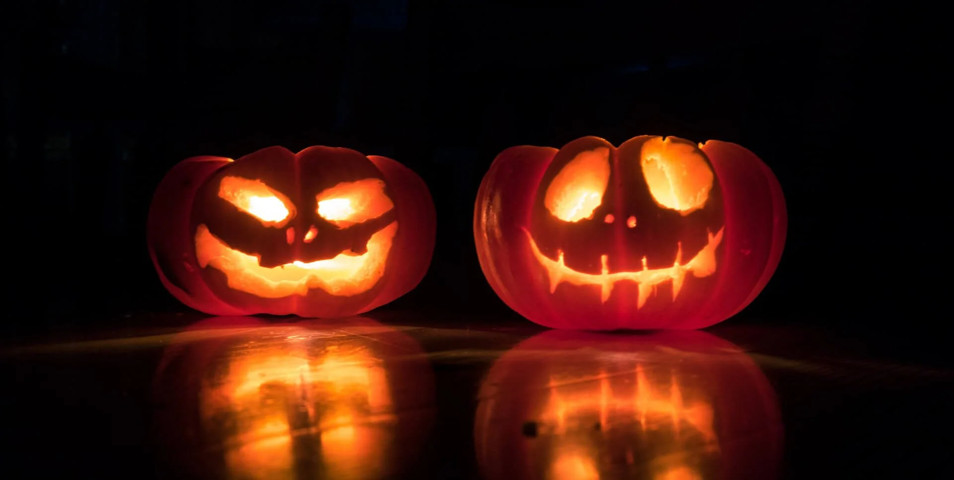Photograph of two Halloween pumpkins