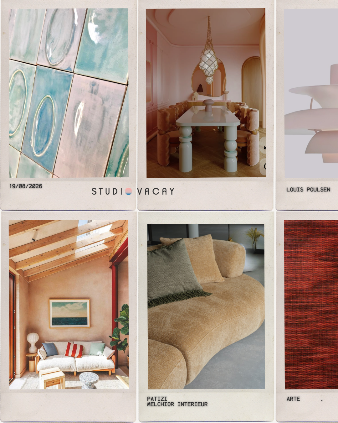 Collage van zes interieur- en decoratiefefoto's, waaronder keramische tegels, een eetkamer, een zithoek, een woonkamer met een bank en een schilderij, en een rode textuur.