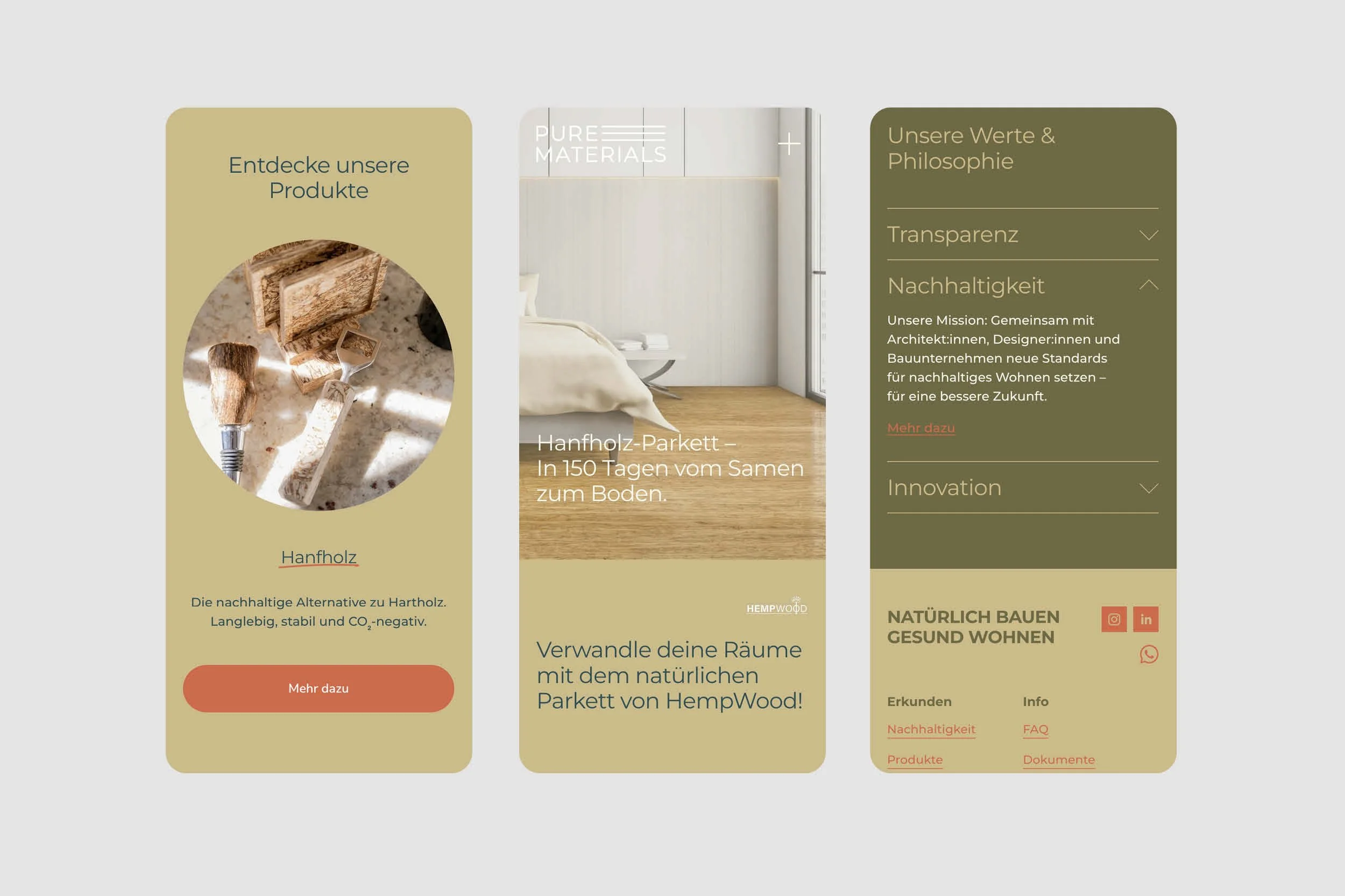 Mobile Ansichten der Pure Materials Website: Produkte, Hanfholz-Parkett und Werte