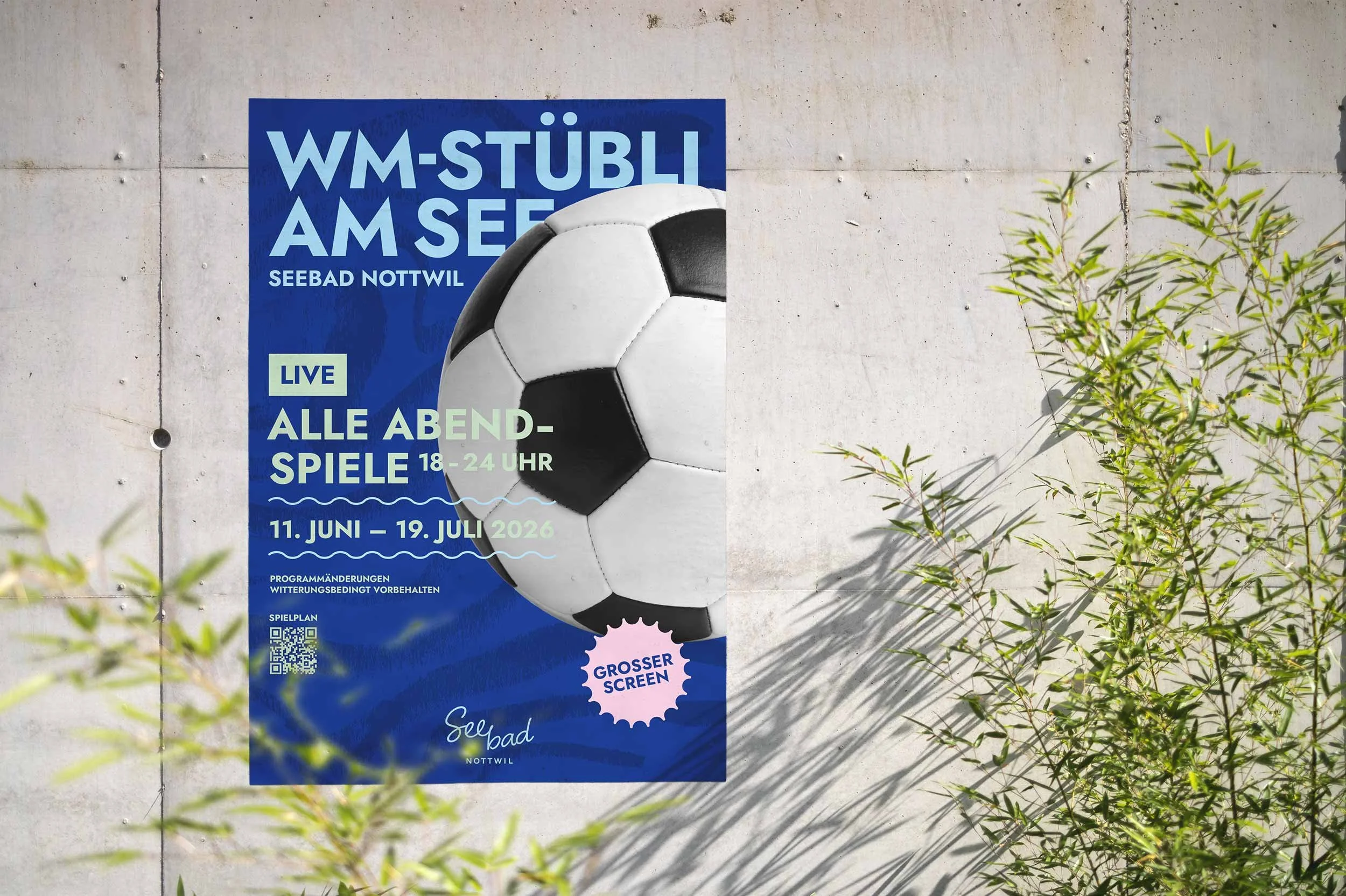 Plakat "WM-Stübli am See" mit Fussballmotiv für die Public-Viewing-Abende im Seebad Nottwil