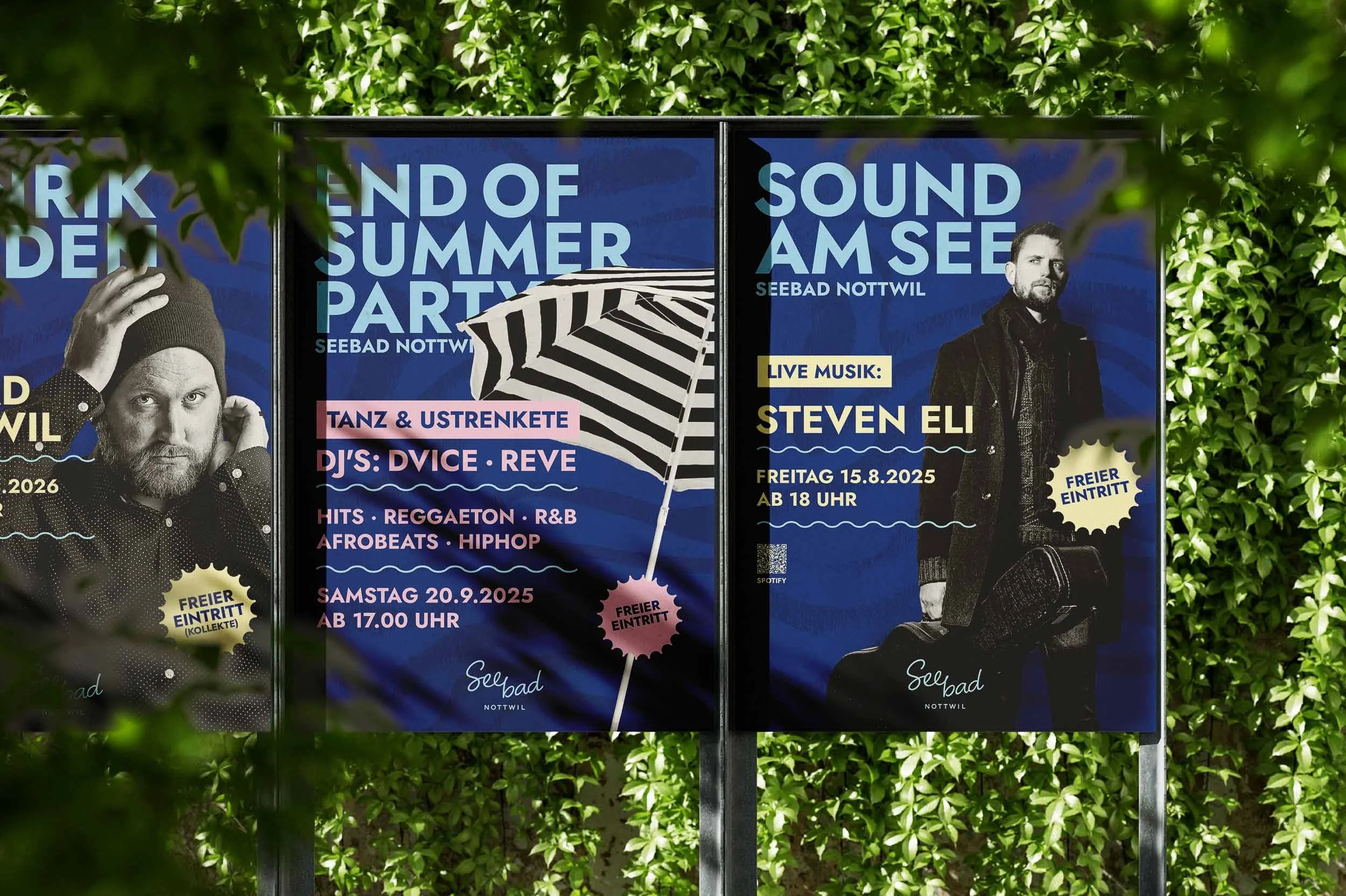 Drei nebeneinander platzierte Eventplakate für Sommerpartys und Konzert im Seebad Nottwil