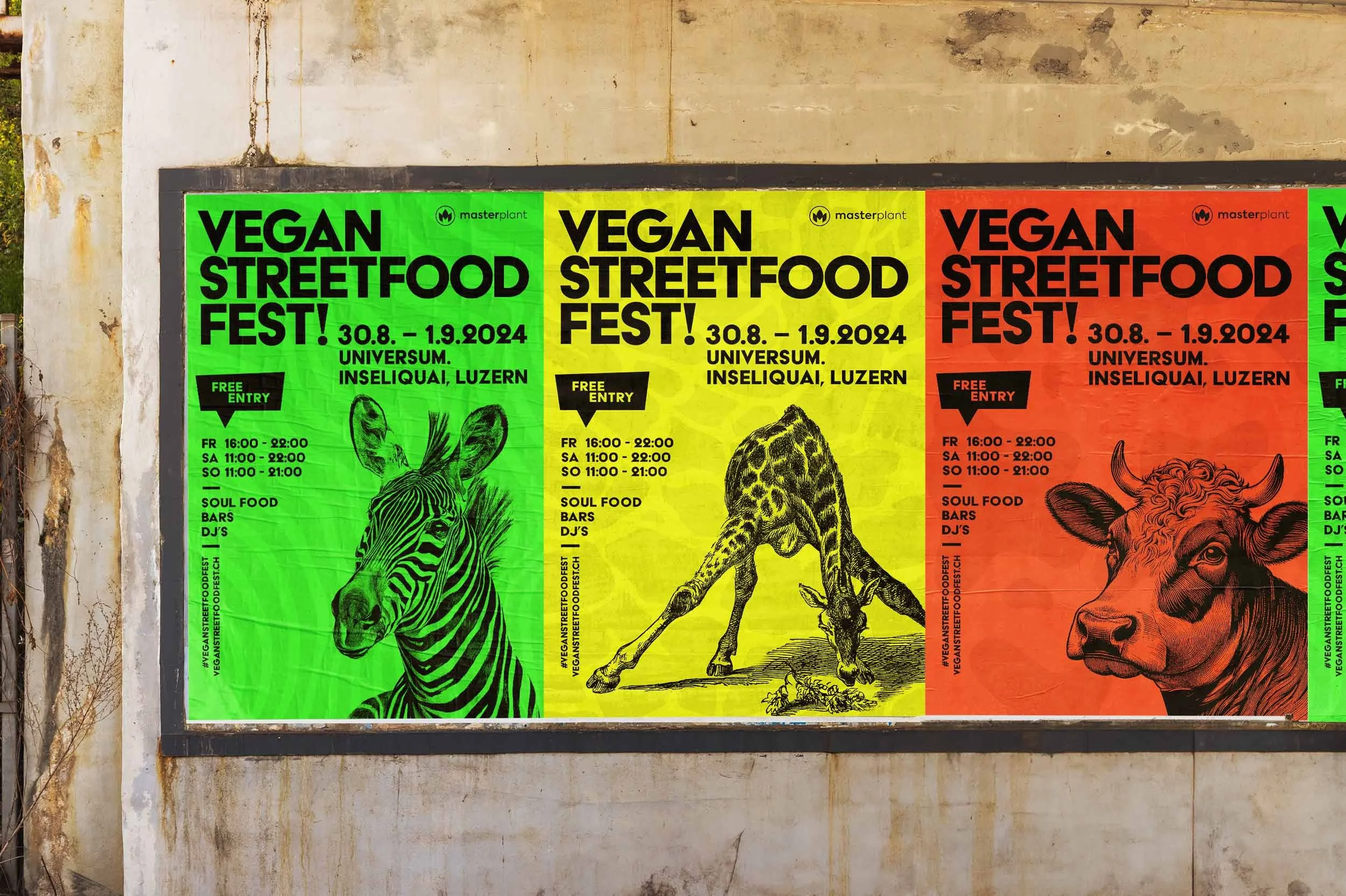 Plakatserie des Vegan Streetfood Fest in Neongrün, Neongelb und Neonorange mit Zebra, Giraffe und Kuh