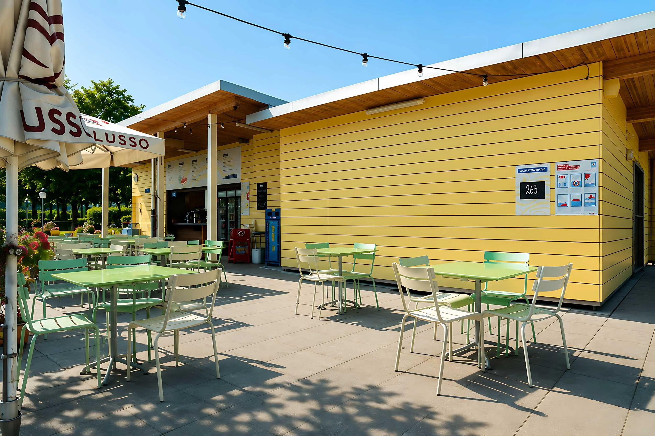 Gelbe Holzfassade des Badi-Restaurants mit überdachter Terrasse, Sitzplätzen und blauem Himmel