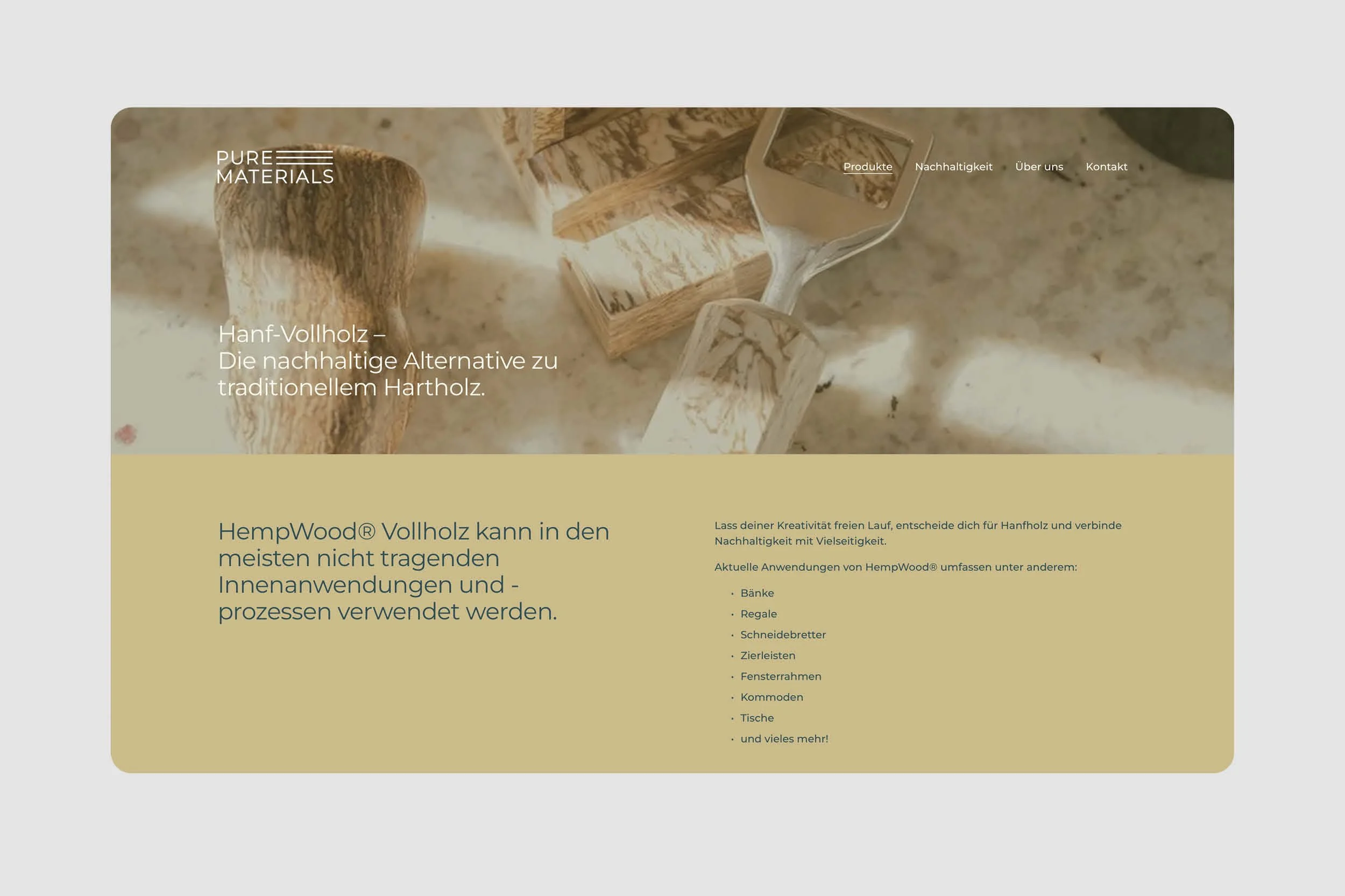 Desktop-Ansicht der Produktseite Hanf-Vollholz mit Anwendungsübersicht – Webdesign Pure Materials