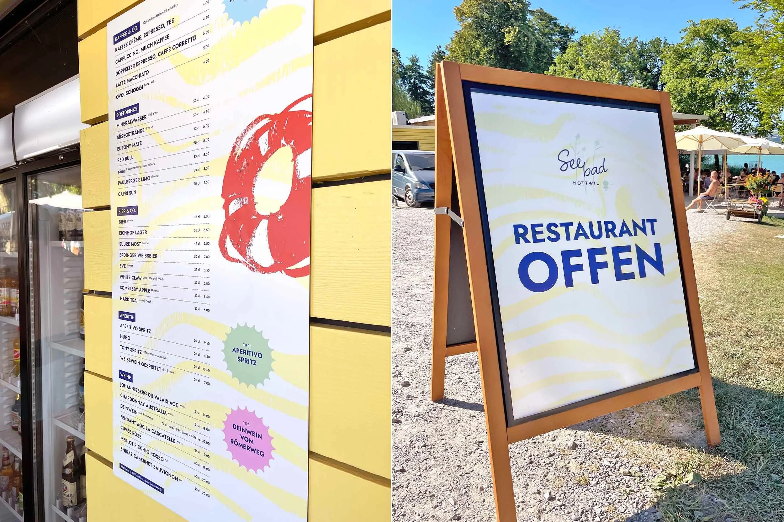 Wellenmuster-Beschriftung Getränketafel an der Fassade und Holztafel mit Aufschrift "Restaurant Offen"
