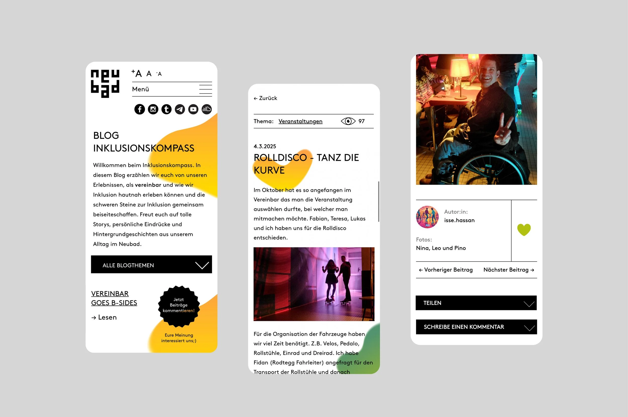 Mobile Ansicht des inklusiven Blogs Inklusionskompass mit Beitragsübersicht im Projekt Vereinbar