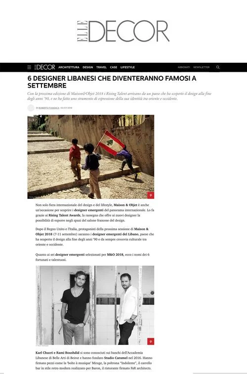 ELLE Decor magazine article featuring Lebanese designers; photo of children playing outdoors with one holding a Lebanese flag, and a portrait of two men.