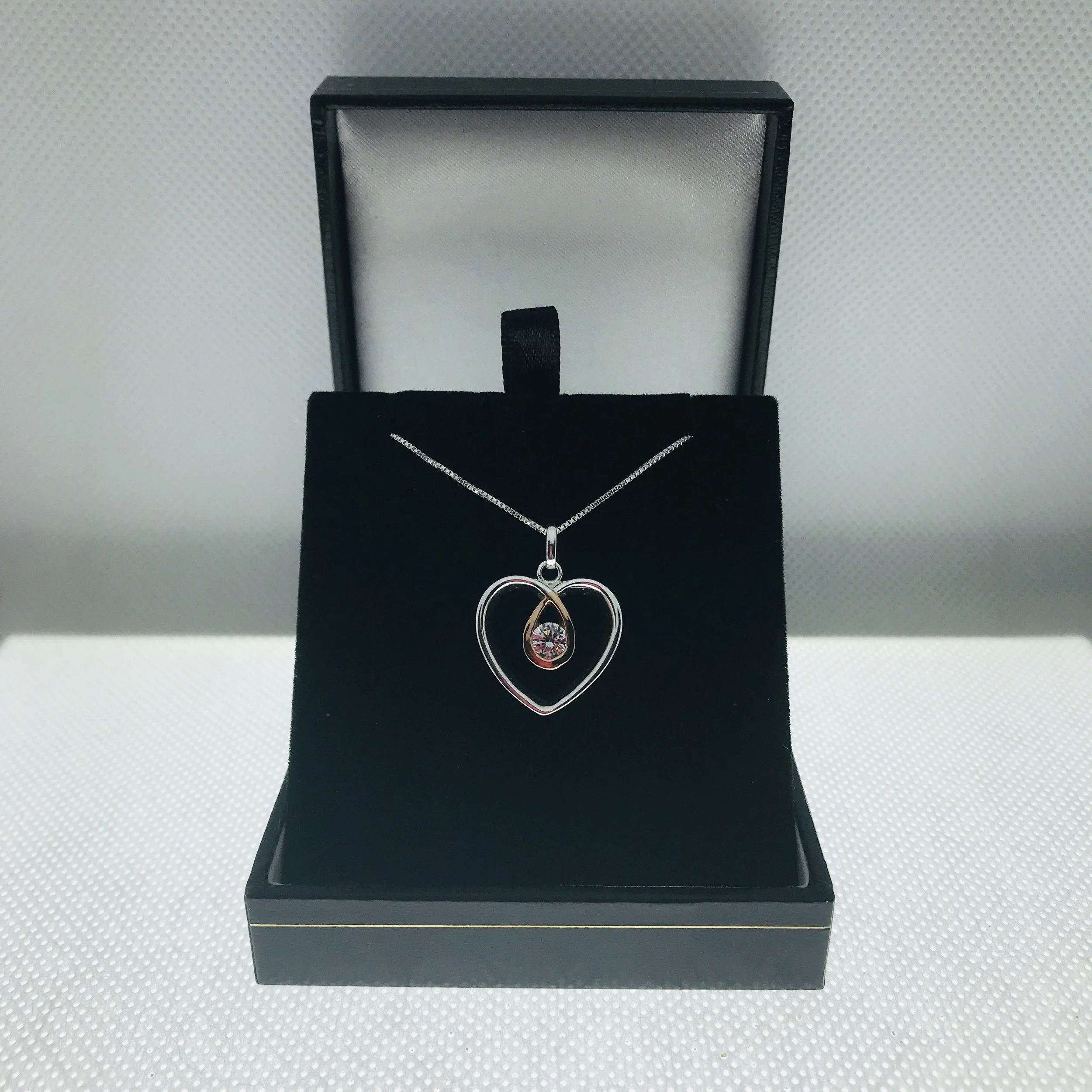 Genuine Sterling Silver & Gold Cubic Zirconia Hollow Heart Pendant