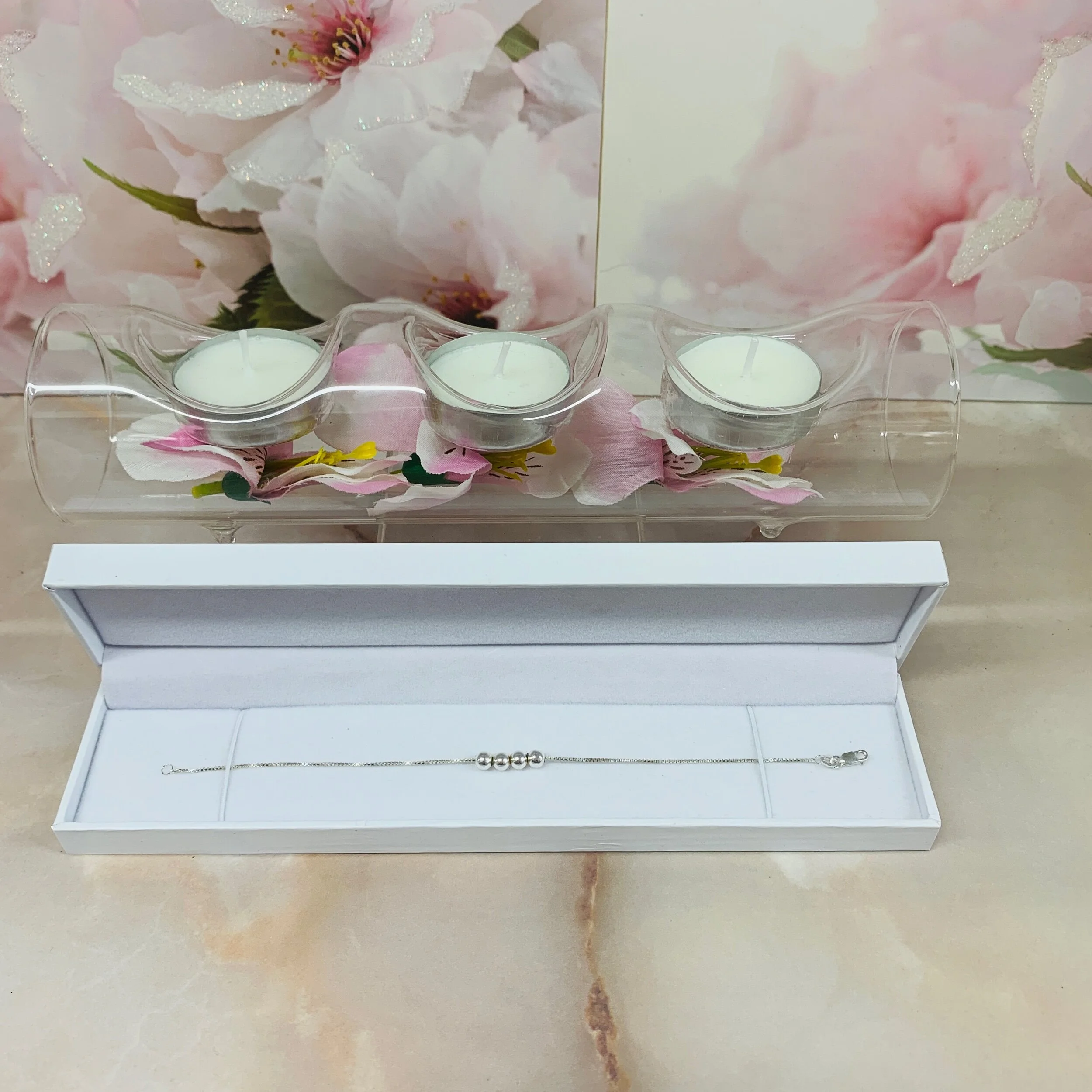 sterling silver box chain bracelet with 4 central silver beads