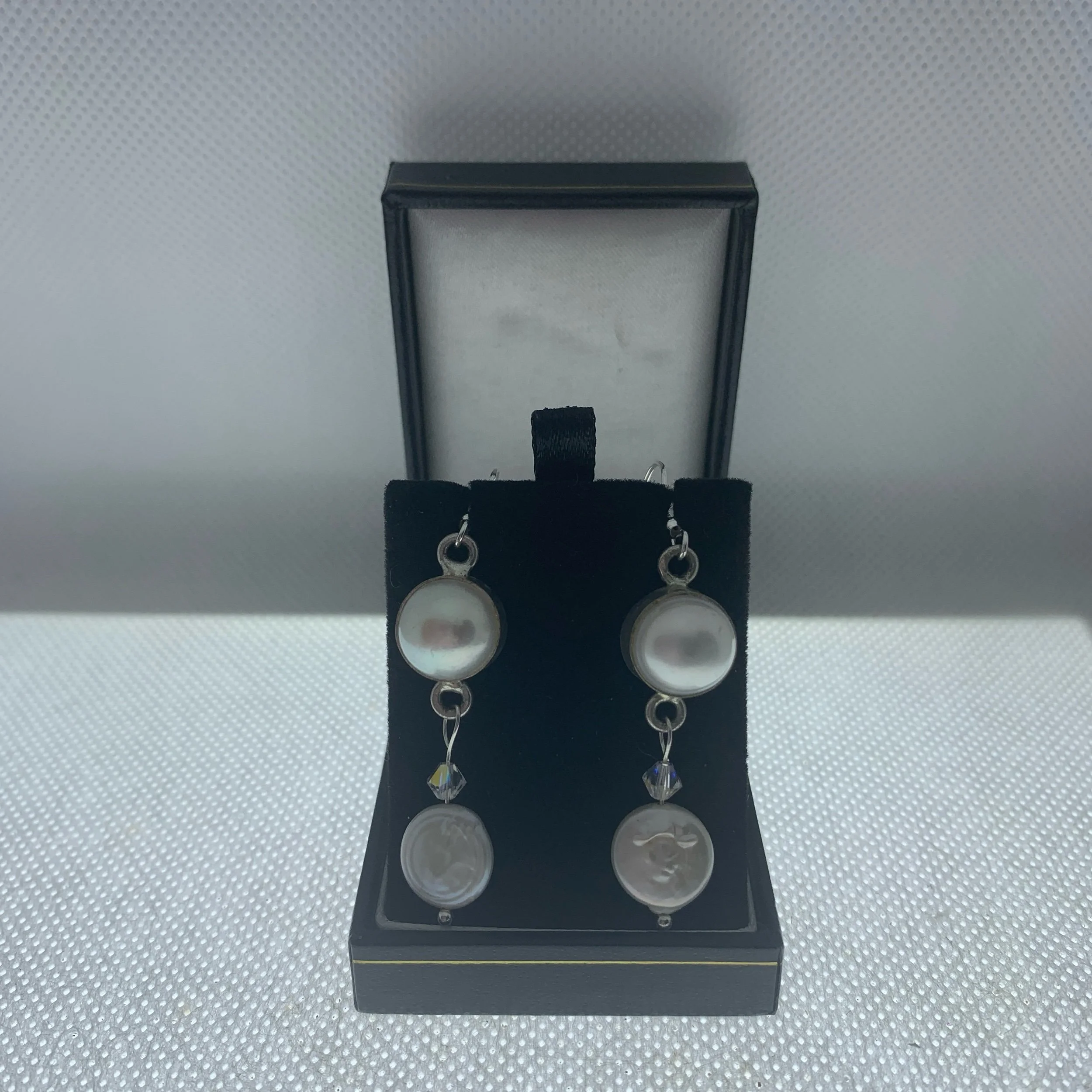 large round cream freshwater  pearl earrings with coin pearl suspended beneath woman girl gift birthday christmas