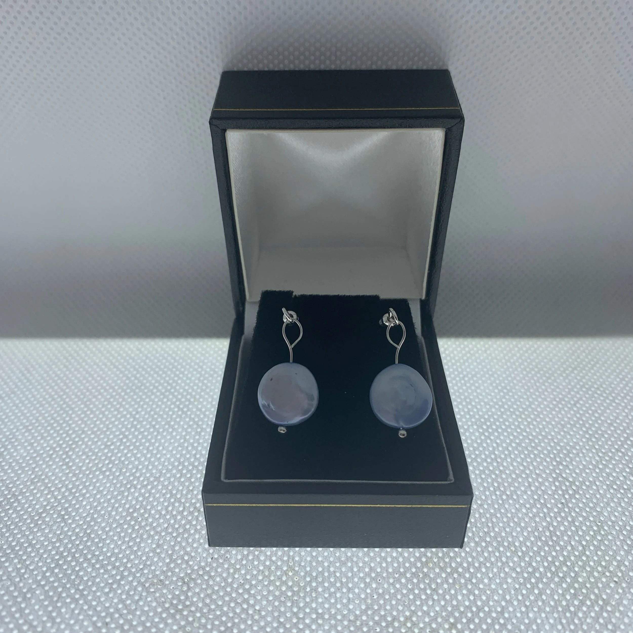 pale blue freshwater coin pearl drop earrings on silver ear hook woman girl birthday christmas gift jewellery