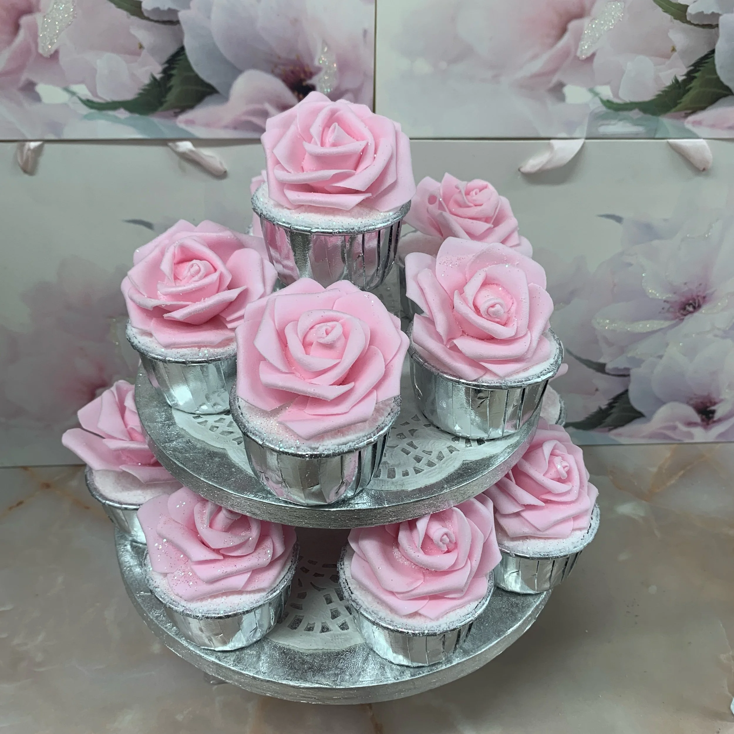 shea butter bath bomb bath muffin in silver foil muffin case with large pink rose decoration in coconut fragrance christmas birthday gift woman girl