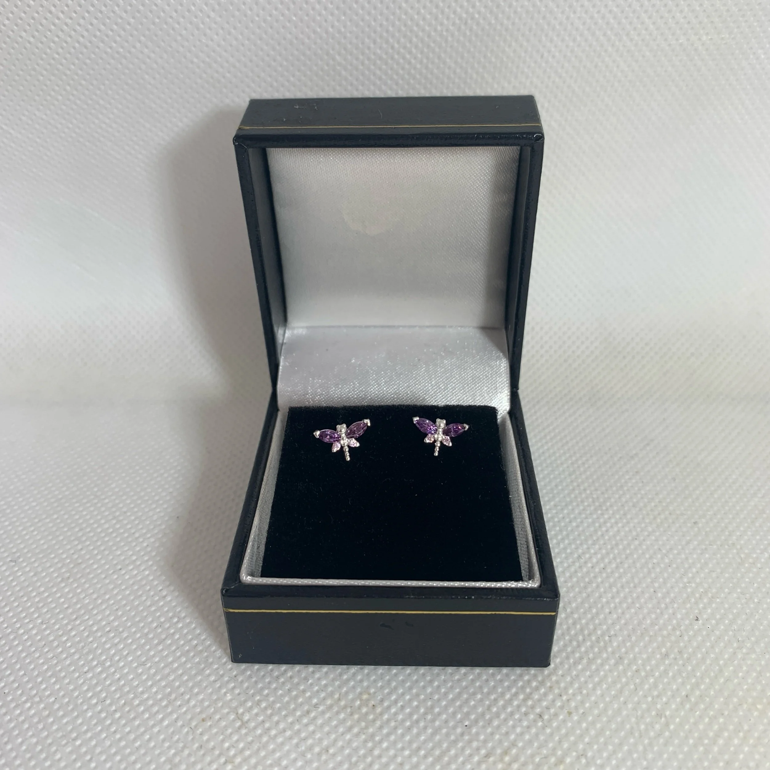 sterling silver pink and purple amethyst cubic zirconia stud earrings in black gift box girl woman lady christmas birthday gift for cat lovers