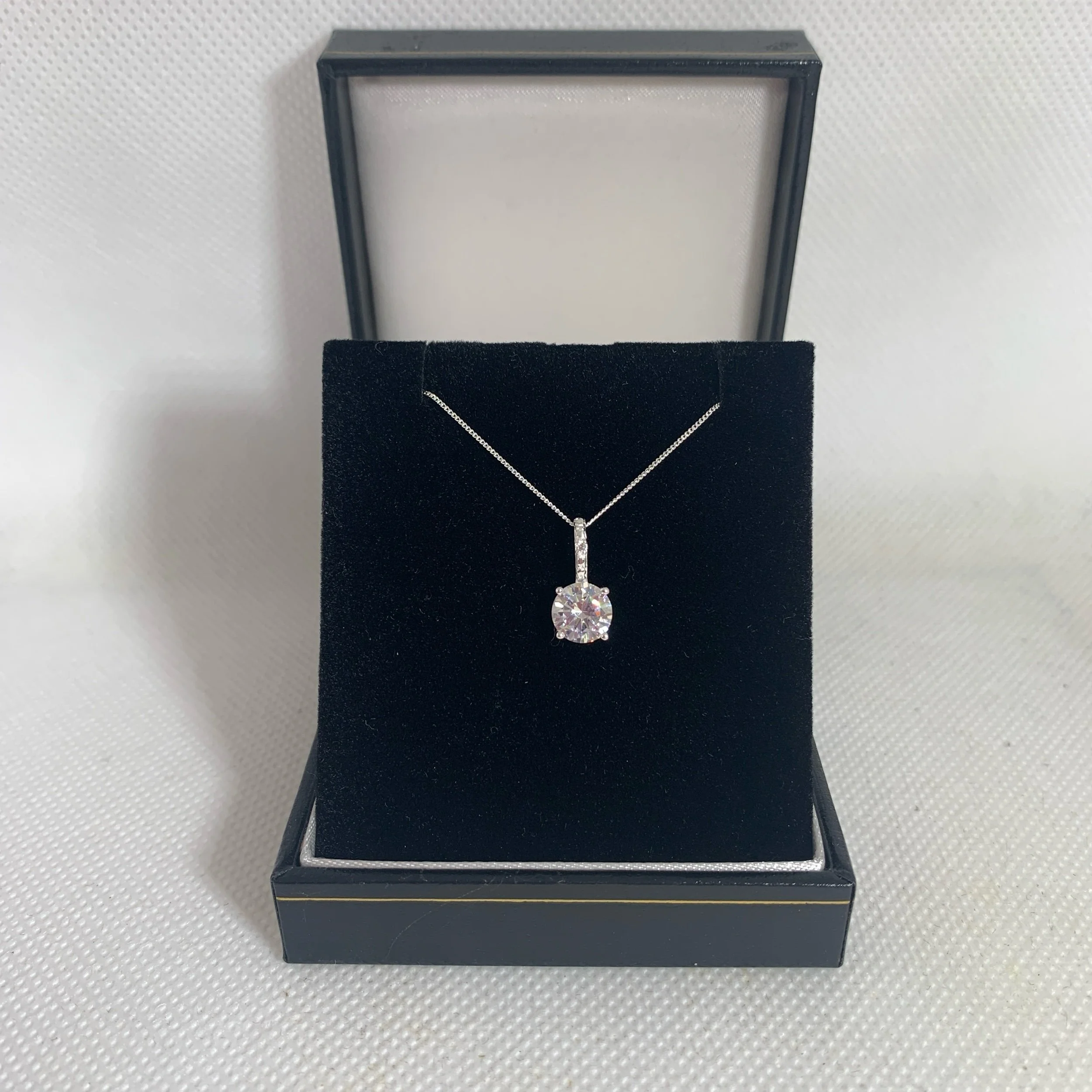 sterling silver claw set sparkling cubic zirconia pendant with pave drop bail on 18 inch chain in black gift box lady girl woman christmas birthday gift