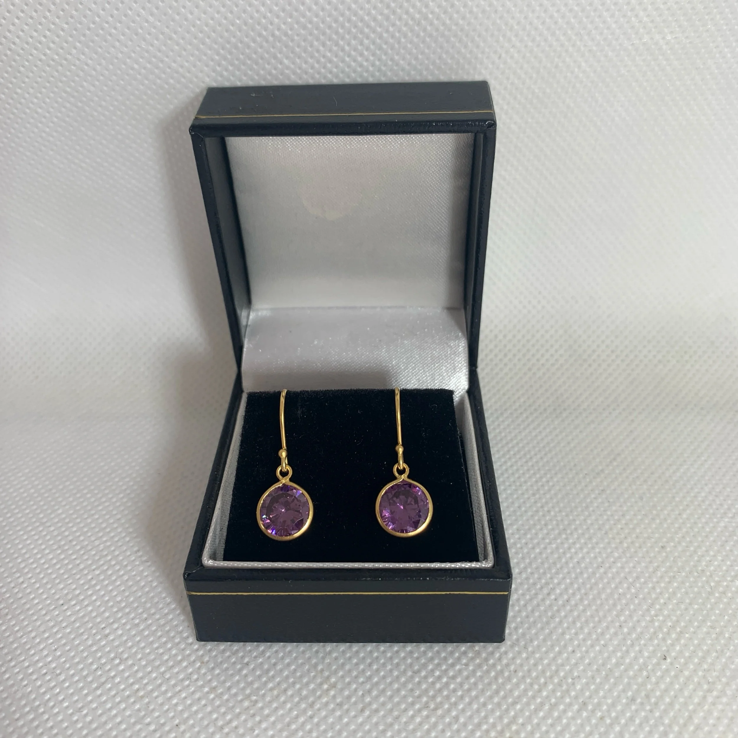 sterling silver with gold overlay 8 mm amethyst cubic zirconia drop hook earrings in black gift box lady girl woman christmas birthday gift
