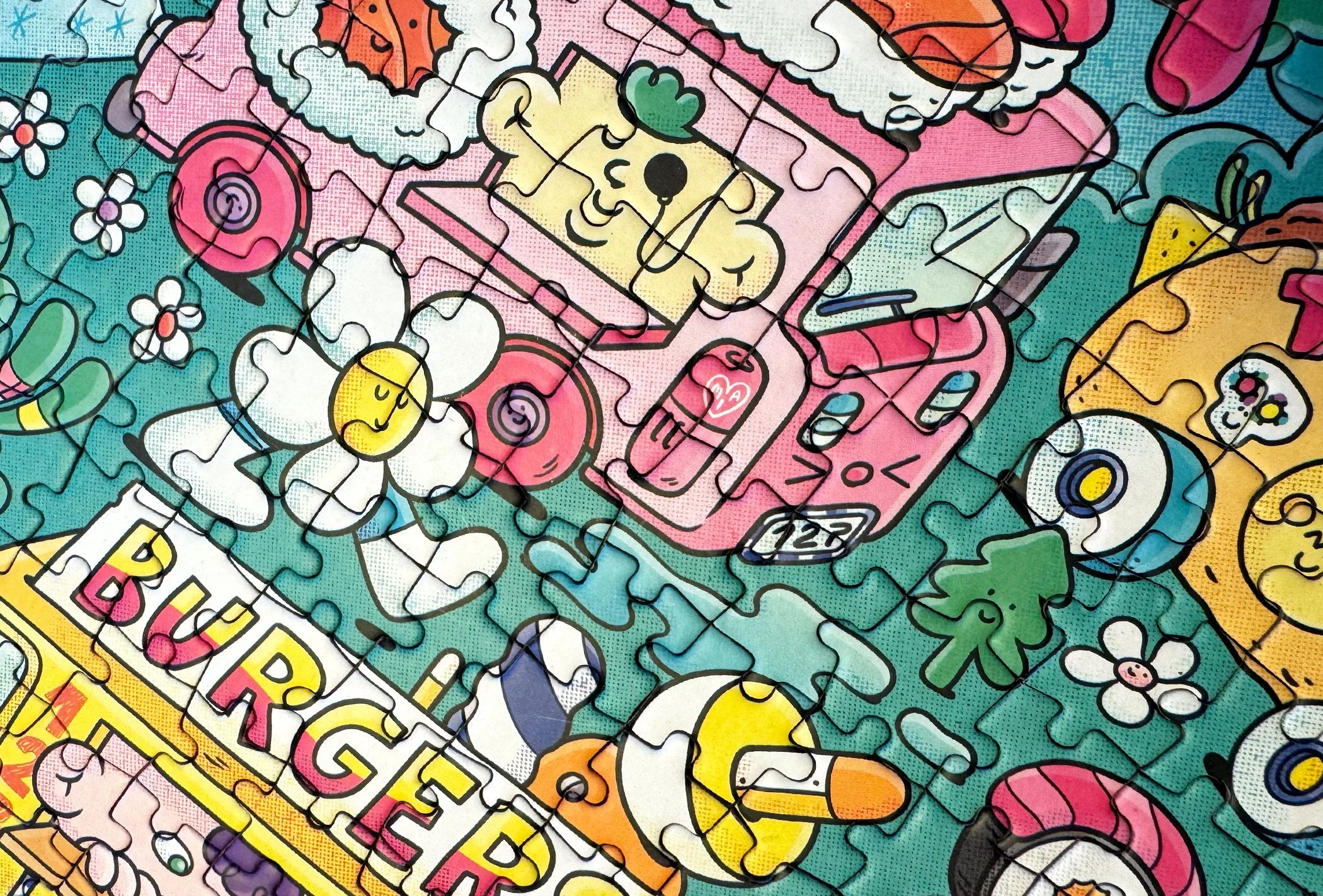 Close-up detail of the character illustration and line art for Balvi's food truck jigsaw puzzle by Brosmind.