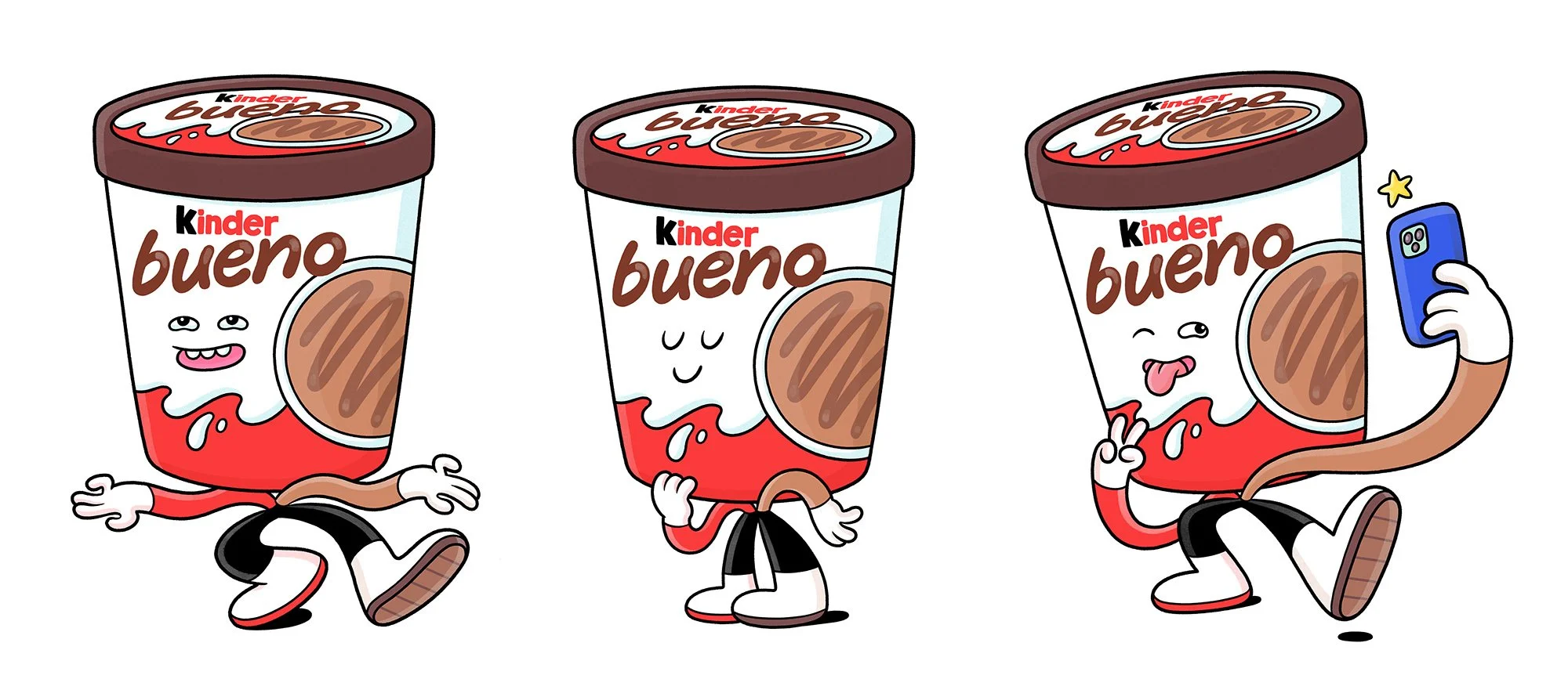 Three fun character poses of the Kinder Bueno ice cream tub by Brosmind, showing the mascot taking a selfie, dancing, and posing.