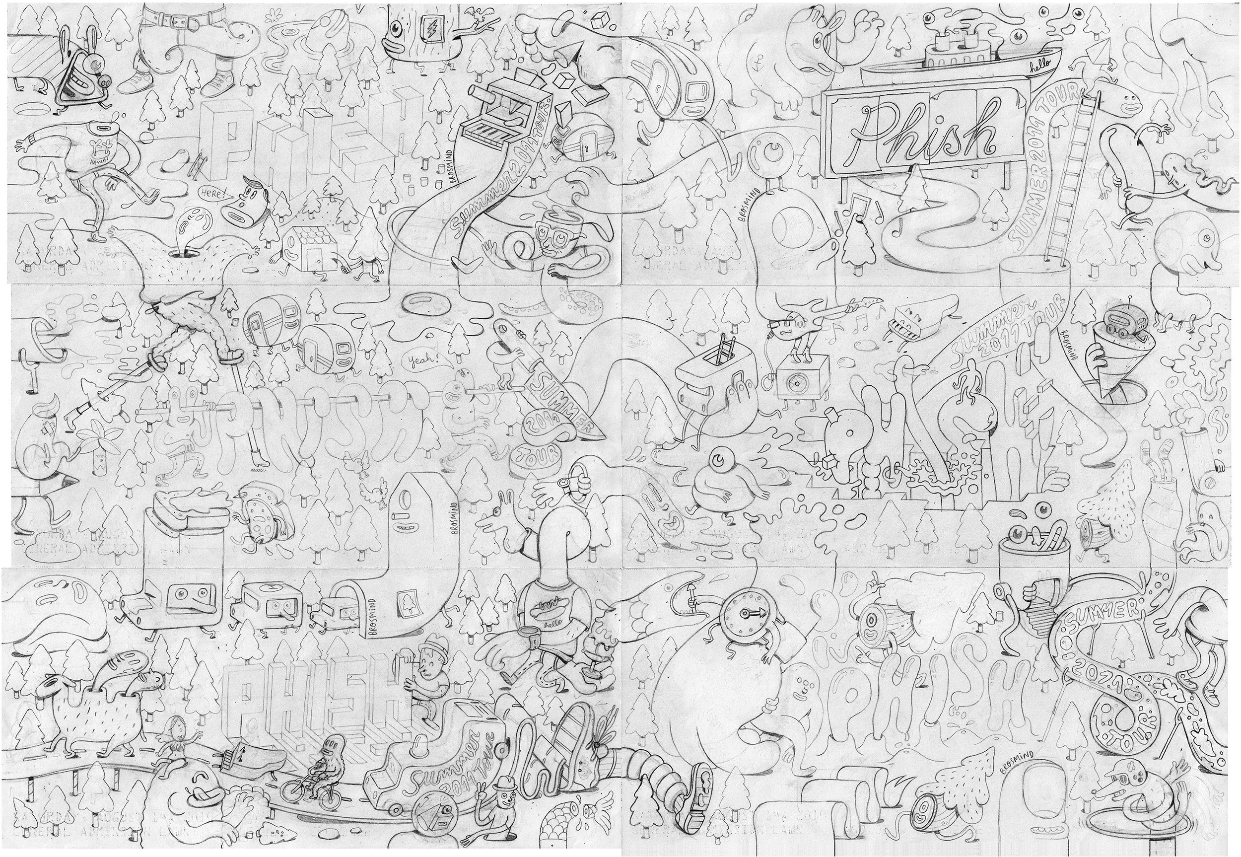 Pencil sketch showing the puzzle layout mechanism for the interlocking 2011 Phish Summer Tour concert tickets.