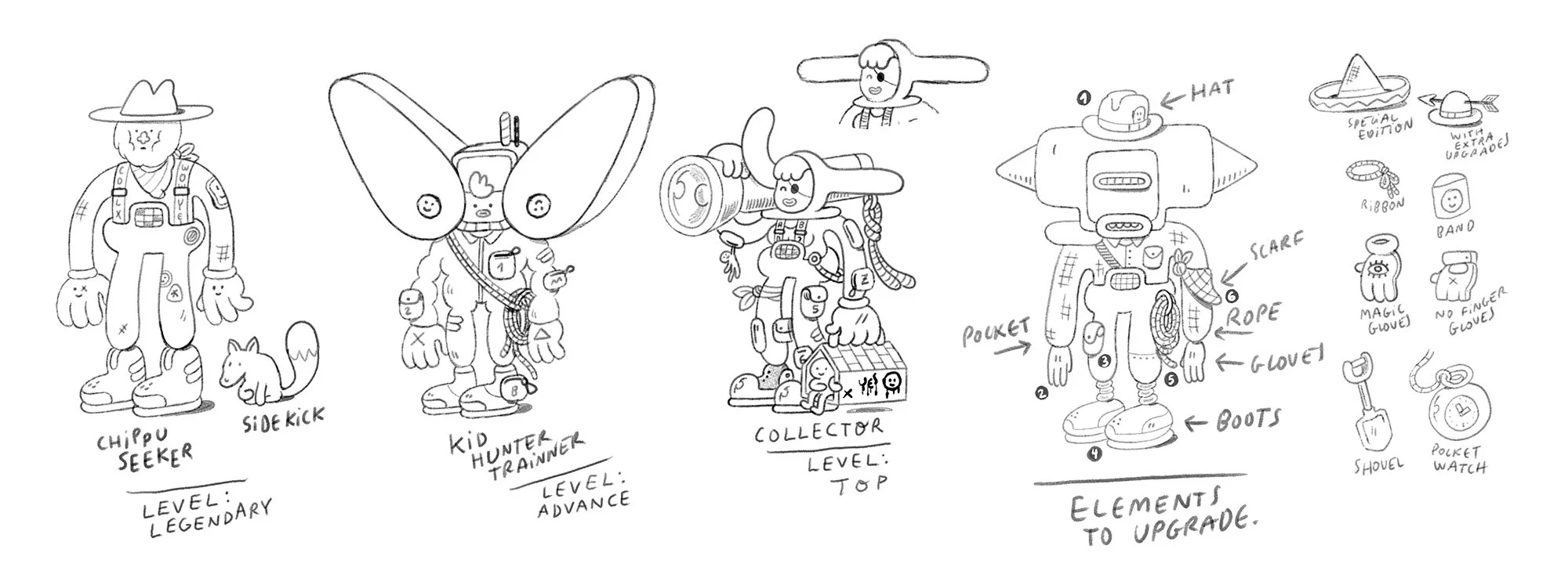 Character design sketch sheet showing multiple turnaround views and archetypes for the Pinball Riders game concept.