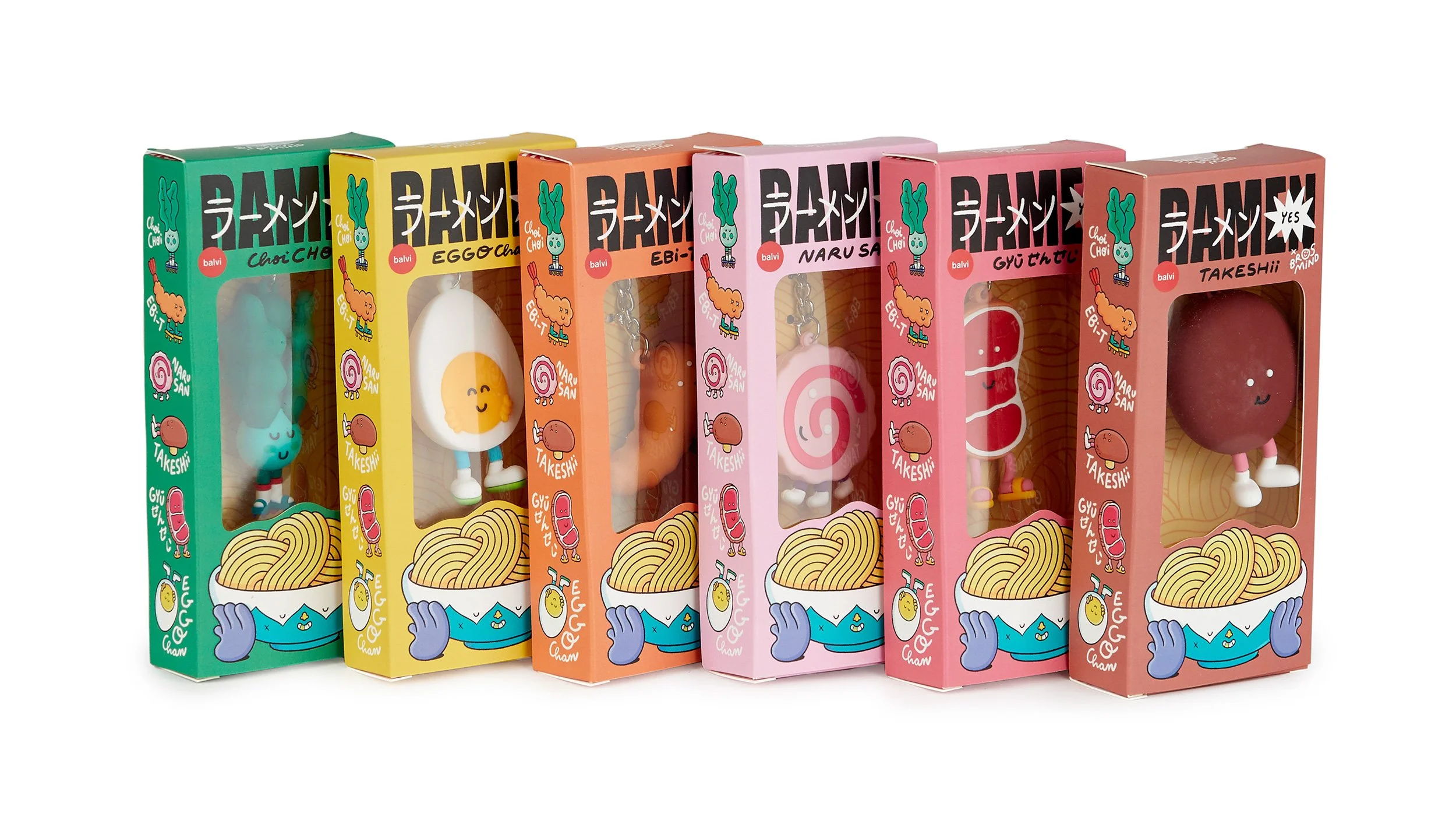 Five colorful Brosmind x Balvi ramen ingredient keychains displayed inside illustrated packaging boxes.